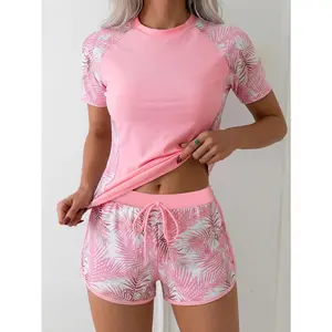 Raglan Color Block 2 Piece Swimsuit Set, Comes with built-in bra pads,Short Sleeve Rash Guard Top + Drawstring Printed Shorts, Women Tankini Surf Swimwear