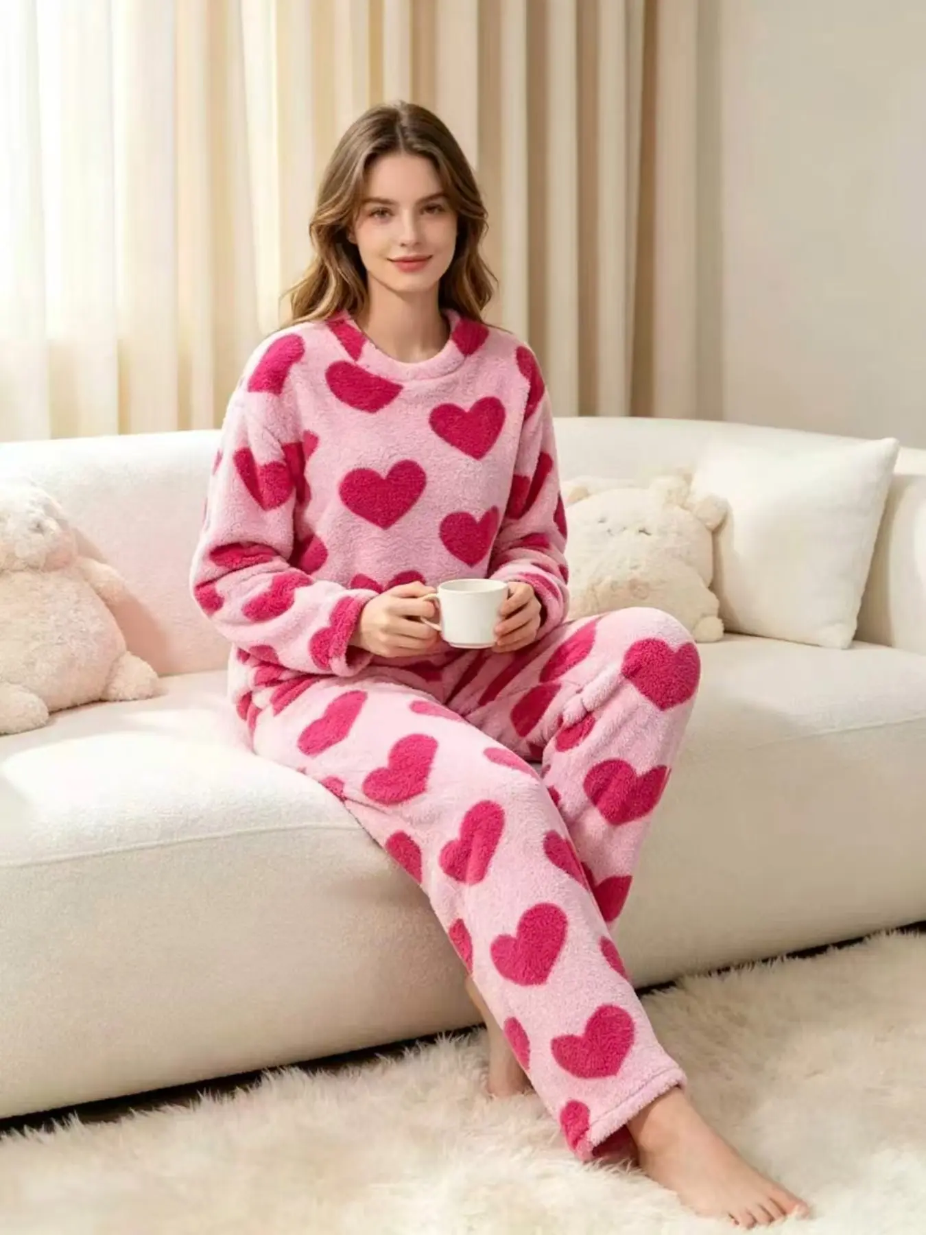Women's 2-Piece Pajama Set, Soft Plush Heart Pattern, Long Sleeve Top & Pants, Comfortable Winter Sleepwear, Loungewear, Casual Loose Fit