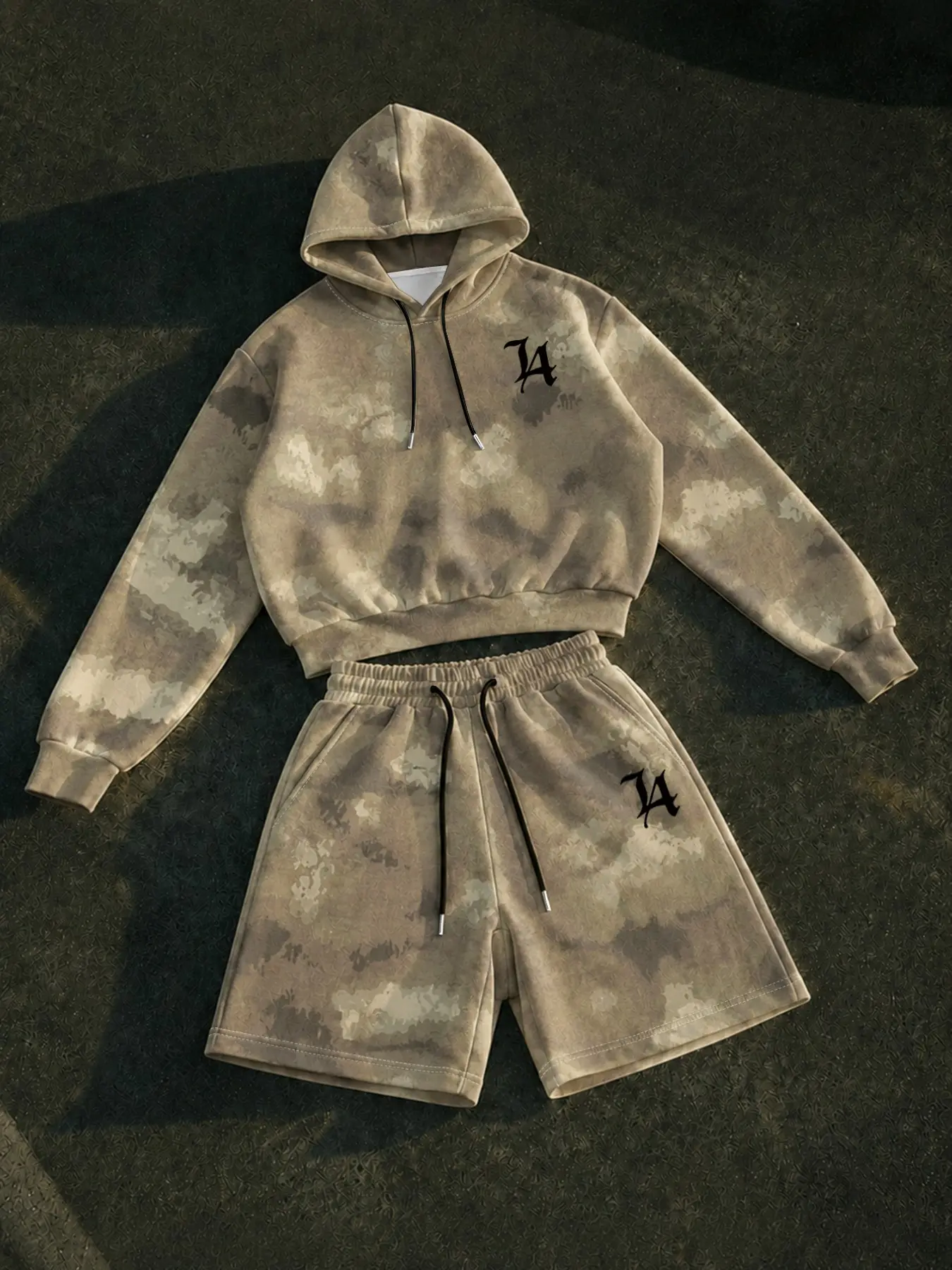 Unisex Vintage Sand Camo Cropped Hoodie Shorts Set Menswear Y2K Letter Graphic Tracksuit for Everyday Outfit,camo,shorts