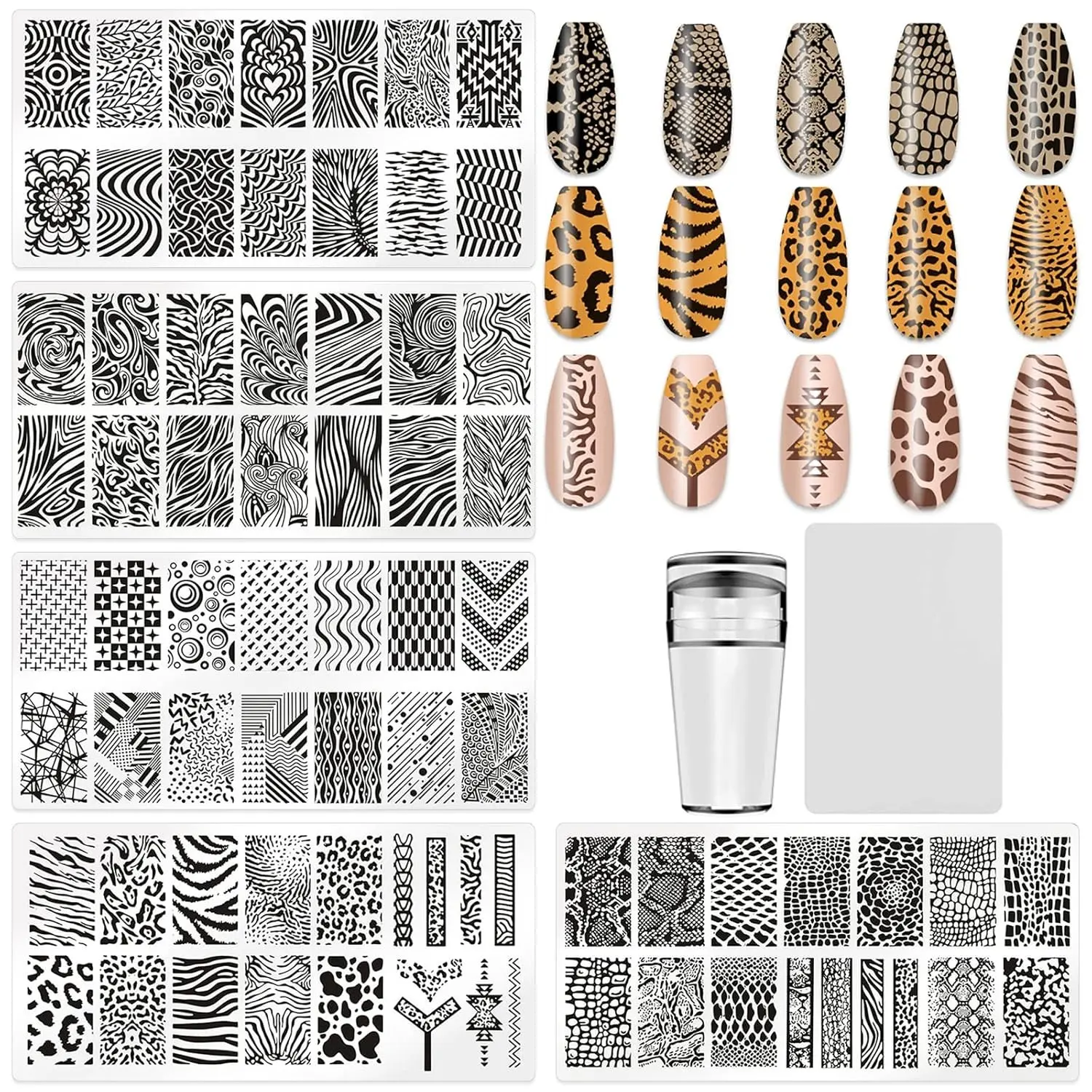 5Pcs Leopard Print Nail Art Stamping Kit Includes Stamping Plates Stencils Templates 1 Nail Stamper 1 Scraper Nails Art Accessories