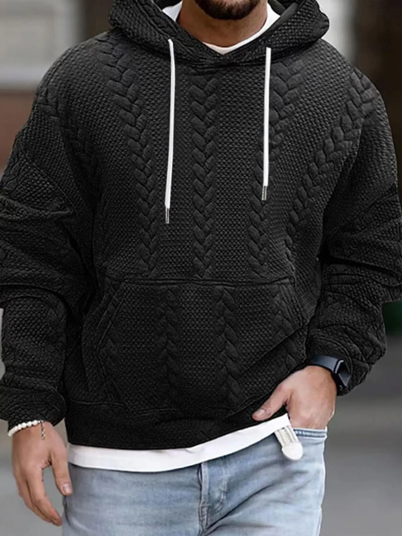 Men's Solid Textured Drawstring Hoodie, Casual Loose Drop Shoulder Long Sleeve Hooded Sweatshirt for Fall & Winter, Men's Clothes for Daily Wear