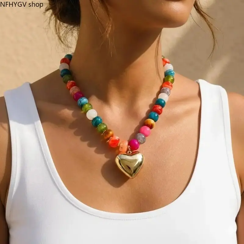 Chunky Heart Choker Necklace Constructed With Bright Colorful Resin Beads, Decorated With Glossy Gold Puffy Heart Pendant, Eye-Catching Trendy Statement Neck Jewelry Perfect For Daily Casual Wear, Dating And Party Outfit Styling