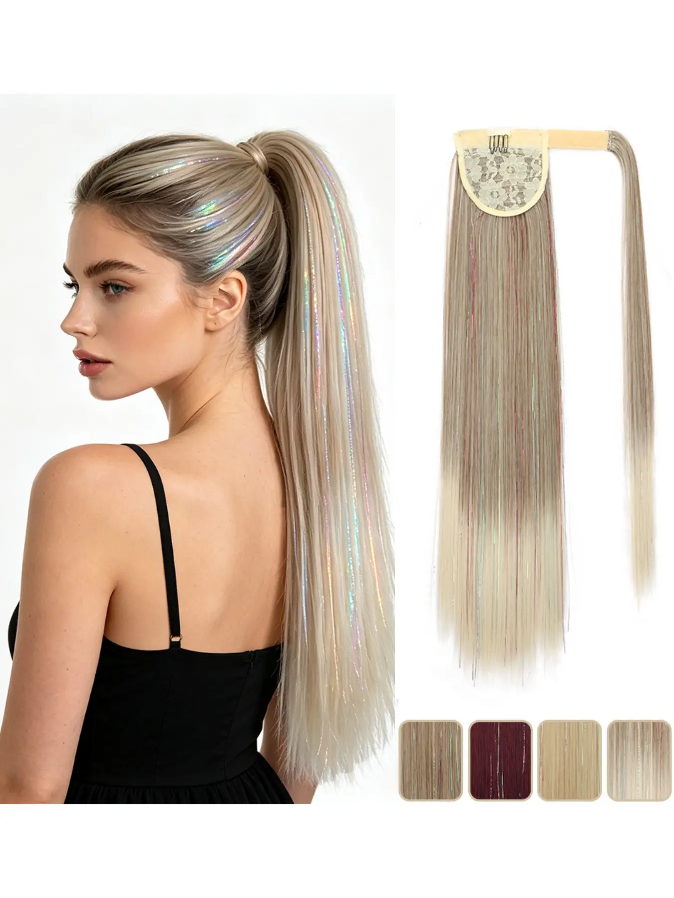 Women 24 Inch Long Straight Ponytail Hairpiece, Shiny Laser Silk Velcro One Piece Ponytail Extensions, Smooth Silky Straight Wig Ponytail