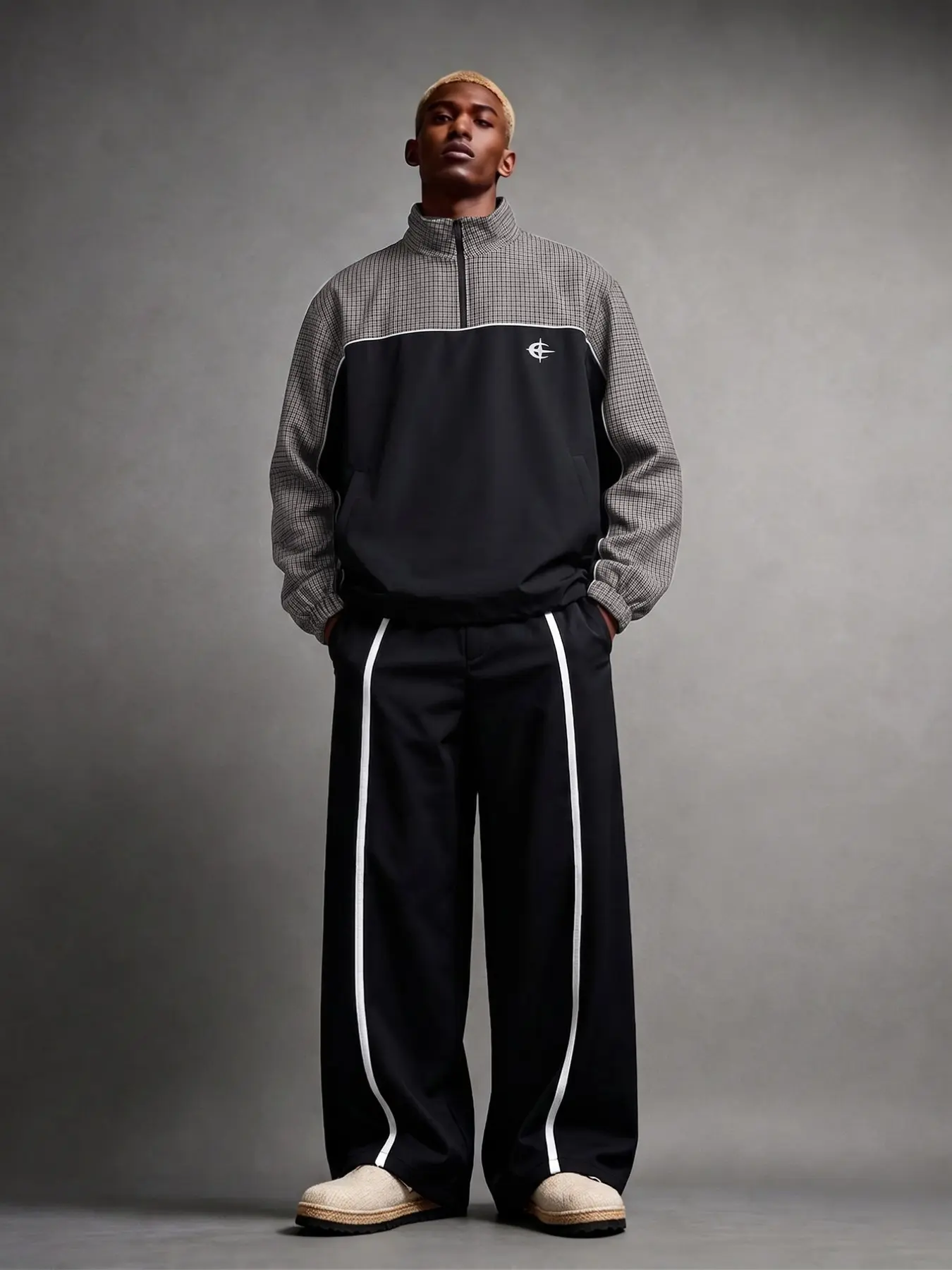 2026 New Arrival Men Y2K Vintage Plaid Color Block Pullover Windbreaker Half Zip Stand Collar White Piping Drawstring Hem Lightweight Water Resistant Loose Short Jacket Street Skate Daily Spring Fall Casual Outerwear