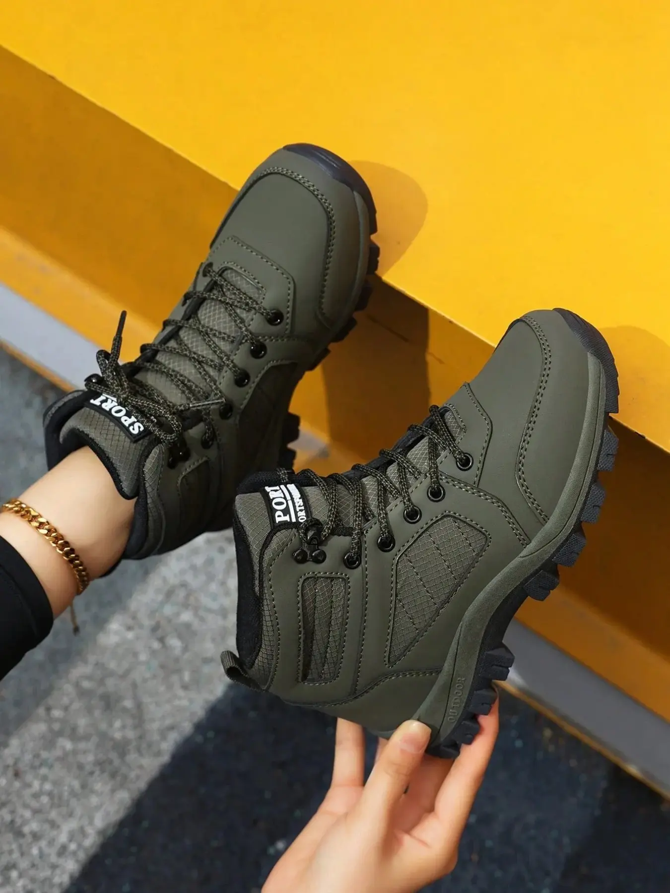 [Dn. Monkeys] Women's Outdoor Hiking Boots, Lightweight Shock Absorption, Non-Slip Rubber Sole, PU Leather, Sporty Style, All Seasons