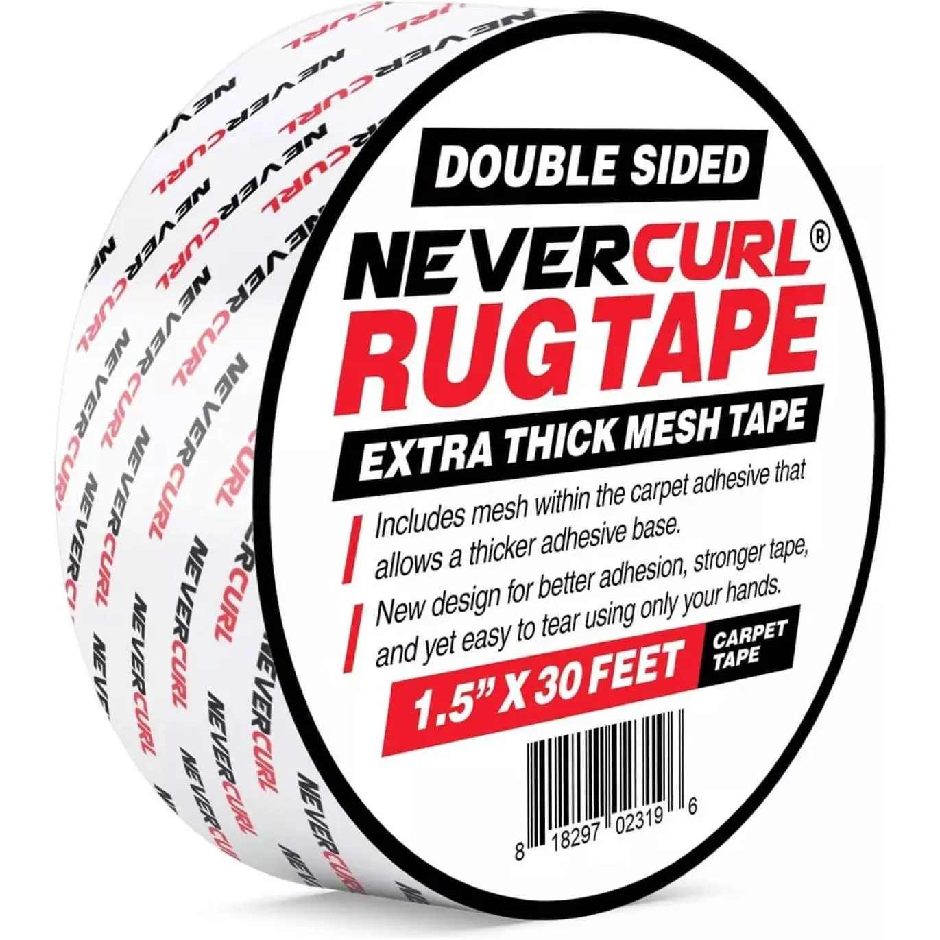 NeverCurl Double Sided Rug Tape for Rugs, Anti Slip, 1.5" x 30  | Extra thick mesh backed double sided tape holds rugs and runners flat  carpet or hard floors. Removes without .