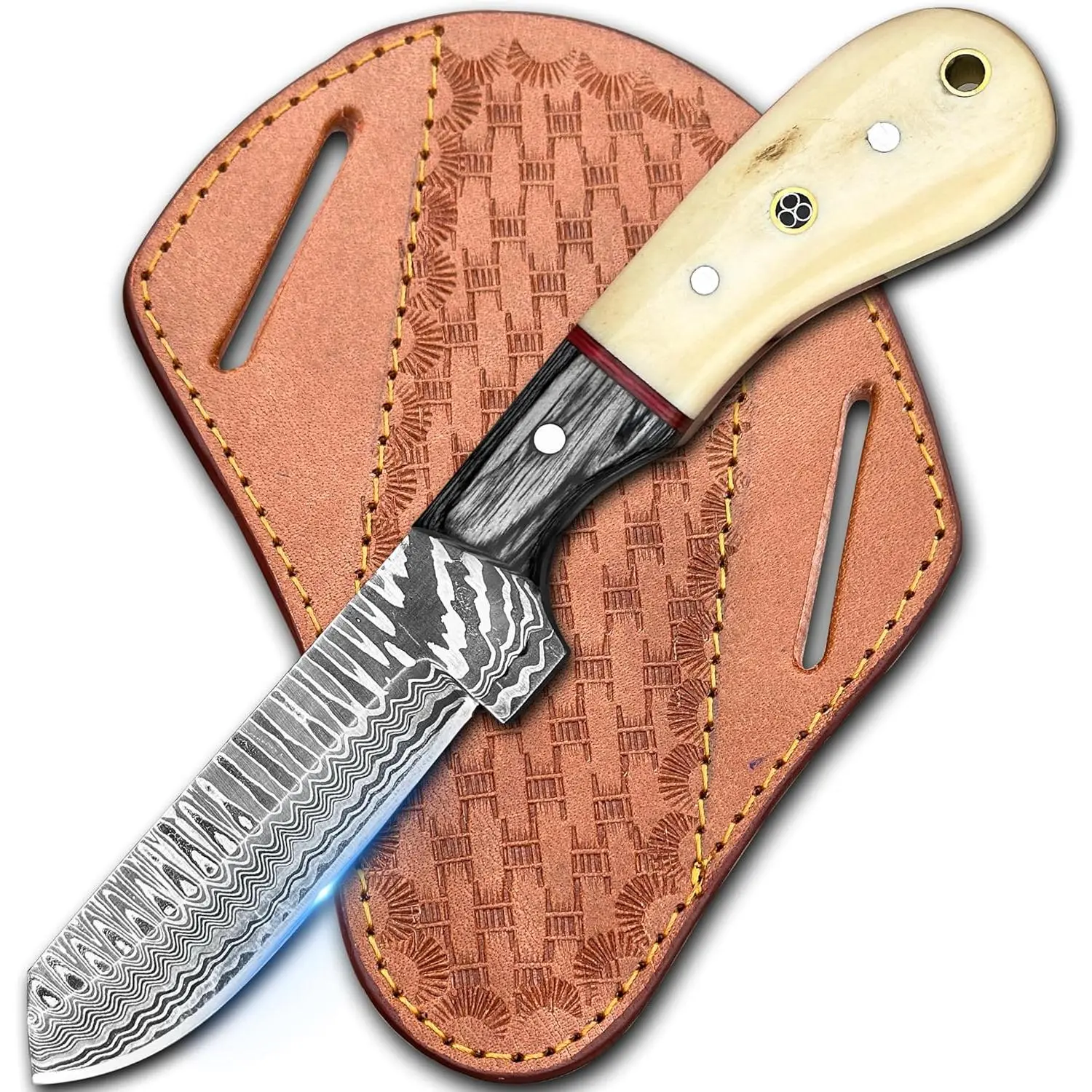 Knives with Leather Sheath - 8" Sharp Handmade Damascus Bull Cutter Knife - EDC Fixed Blade Hunting Knife for Skinning, Camping, Bushcrafting and Outdoor Activities, white