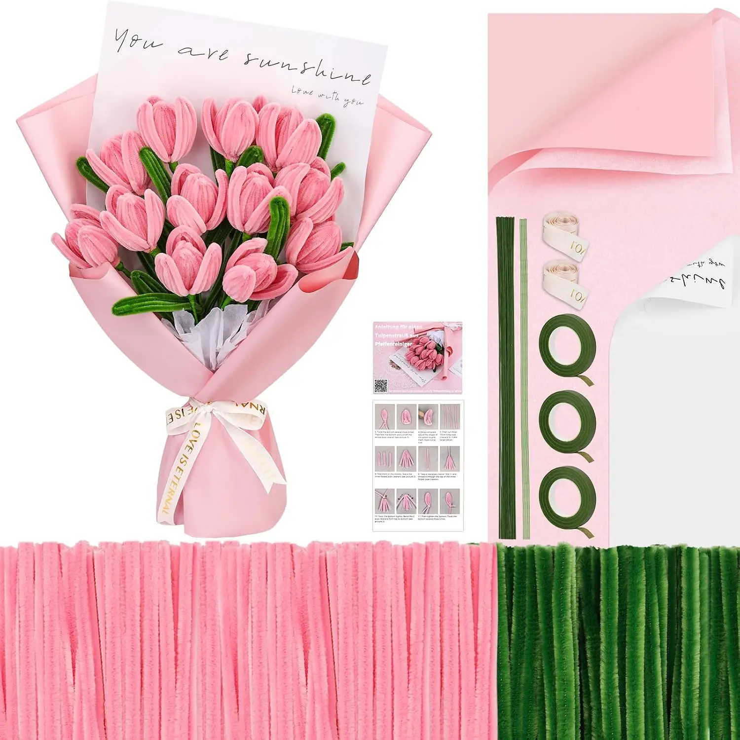 Pipe Cleaner Flower Kit  Pipe Cleaners Bulk Chenille Stems | Pipe Cleaners Craft Pipe Cleaners  Kit with Floral Wire, Floral Tape, Instructions for Craft Projects
