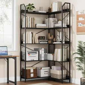 【GARVEE】FathersDayGift 72" Tall Industrial L-Shaped Corner Bookshelf, 5-Tier Beaded Design Metal Frame Display Shelf for Living Room Bedroom Office - summergarden
