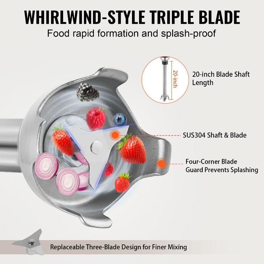 VEVOR Commercial Immersion Blender, 350W Heavy Duty Hand Mixer, 20 inch Stepless Variable Speed Mixer with Stainless Steel Blade, Multi-Purpose Portable Mixer for Soup, Sauces, Mashed Potatoes, Cream