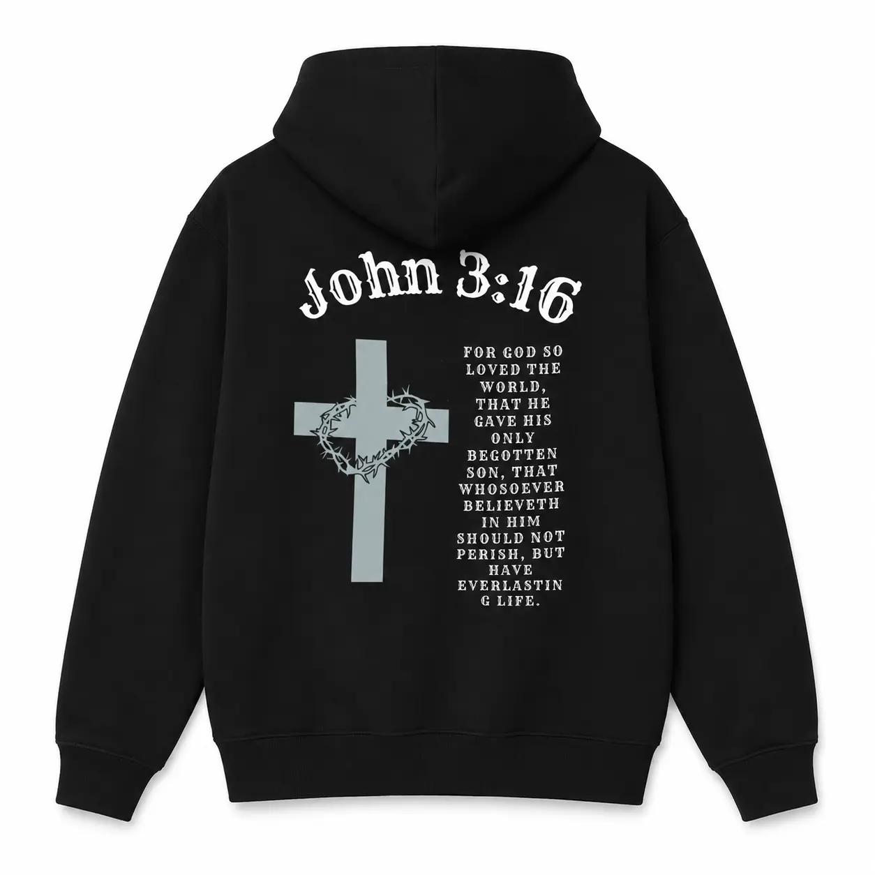 Men's John 3:16 Cross Print Graphic Hoodie - Black Long Sleeve Pullover Menswear Tops Longsleeves Casual Sweatshirt Apparel, Regular Fit, Soft Breathable Fabric, Durable Print, Everyday Comfort, Machine Washable, Soft Fabric