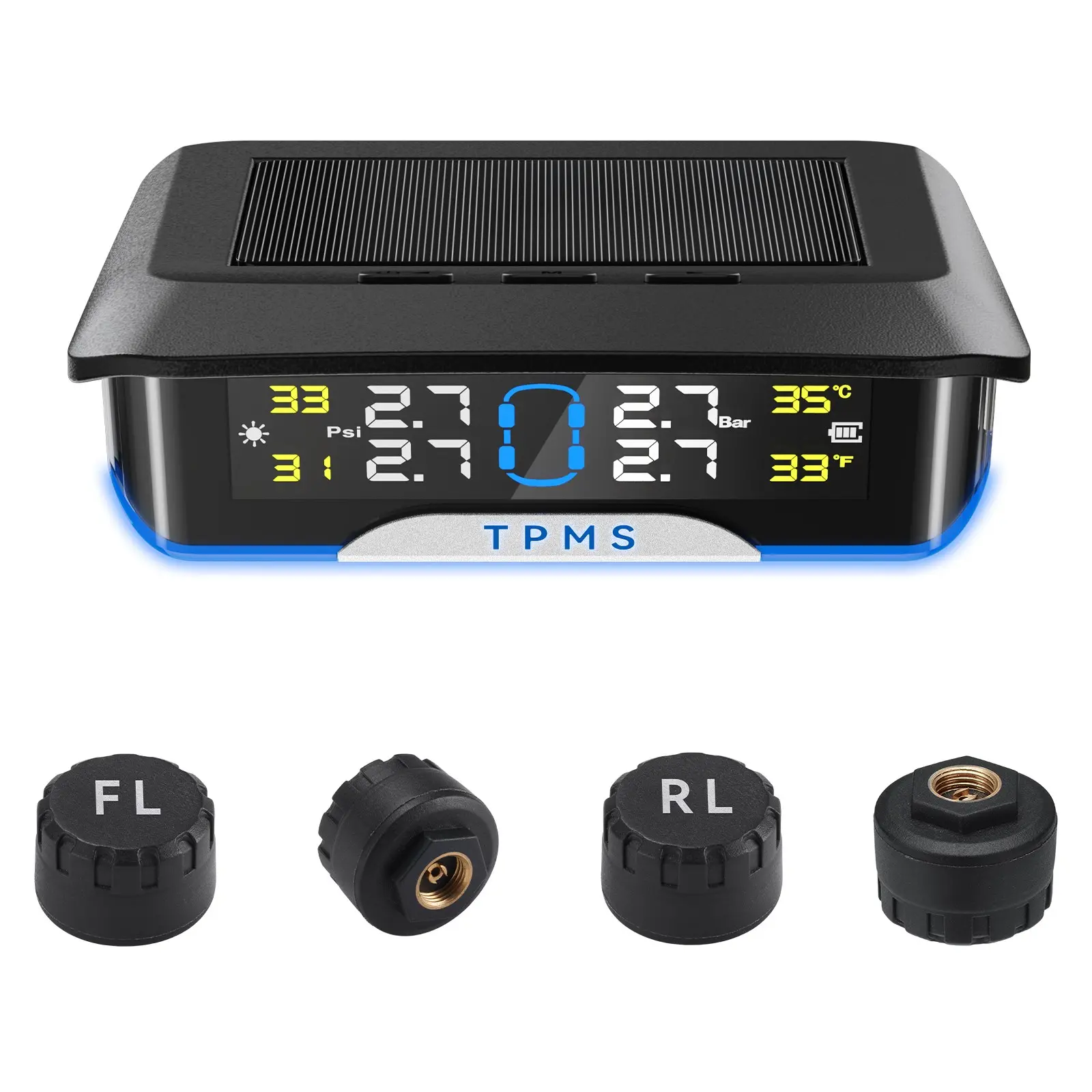 4 External Sensors Wireless Tire Pressure Monitoring System | TPMS Kit Real-Time Pressure & Temperature Alerts, USB Charging Solar Powered, for SUV, MPV, Pickup & ORV, Low Battery Alert, Easy Installation Host Solely Receives