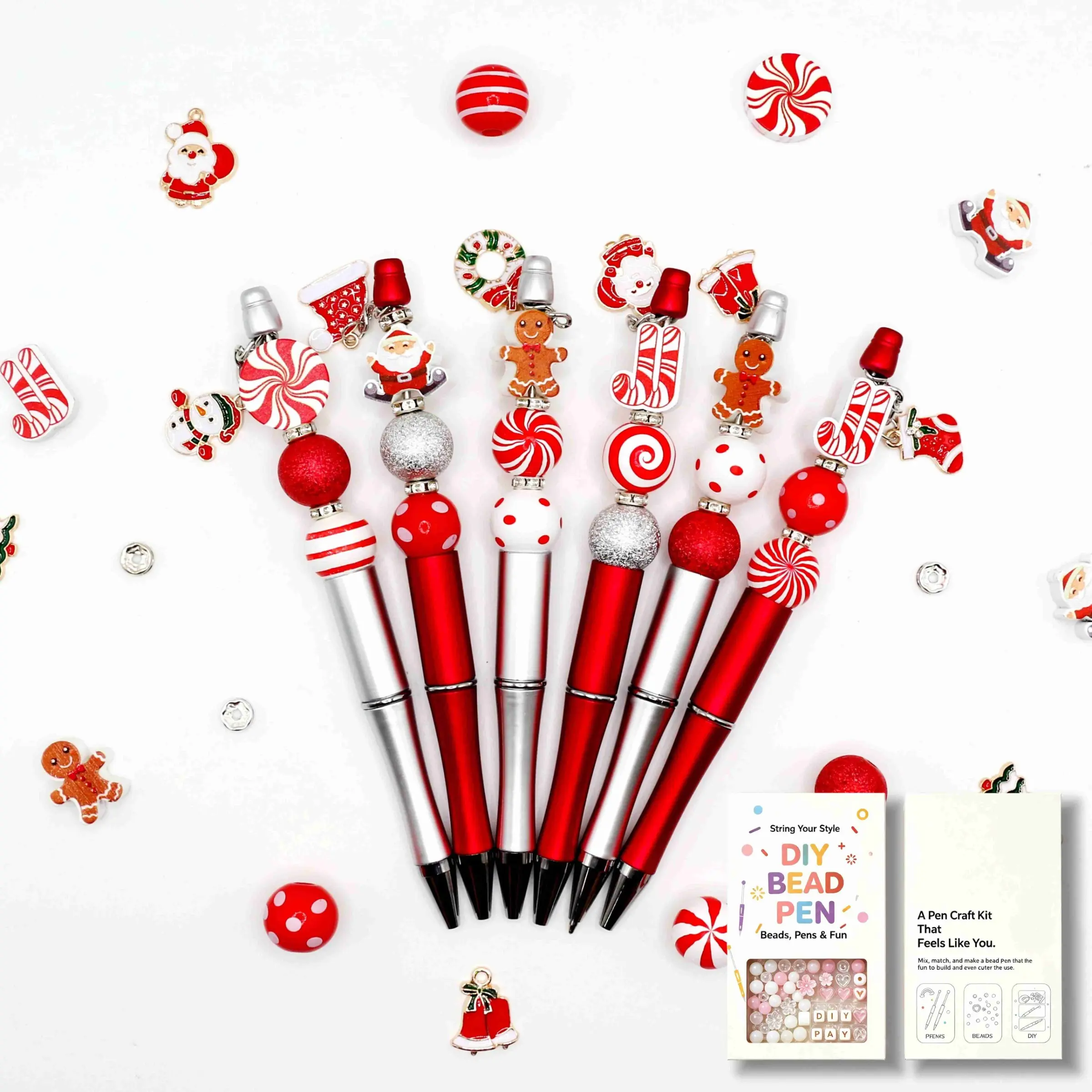 8 Pack Christmas Candy Cane Gingerbread DIY Beadable Pen Gift Box Set, Complete Beaded Ballpoint Pen Craft Kit with All Christmas Beads, Spacer Beads, Santa Gingerbread Charms & Chain Accessories, Xmas Holiday Party Favor Gift for Women Teens Office Schoo