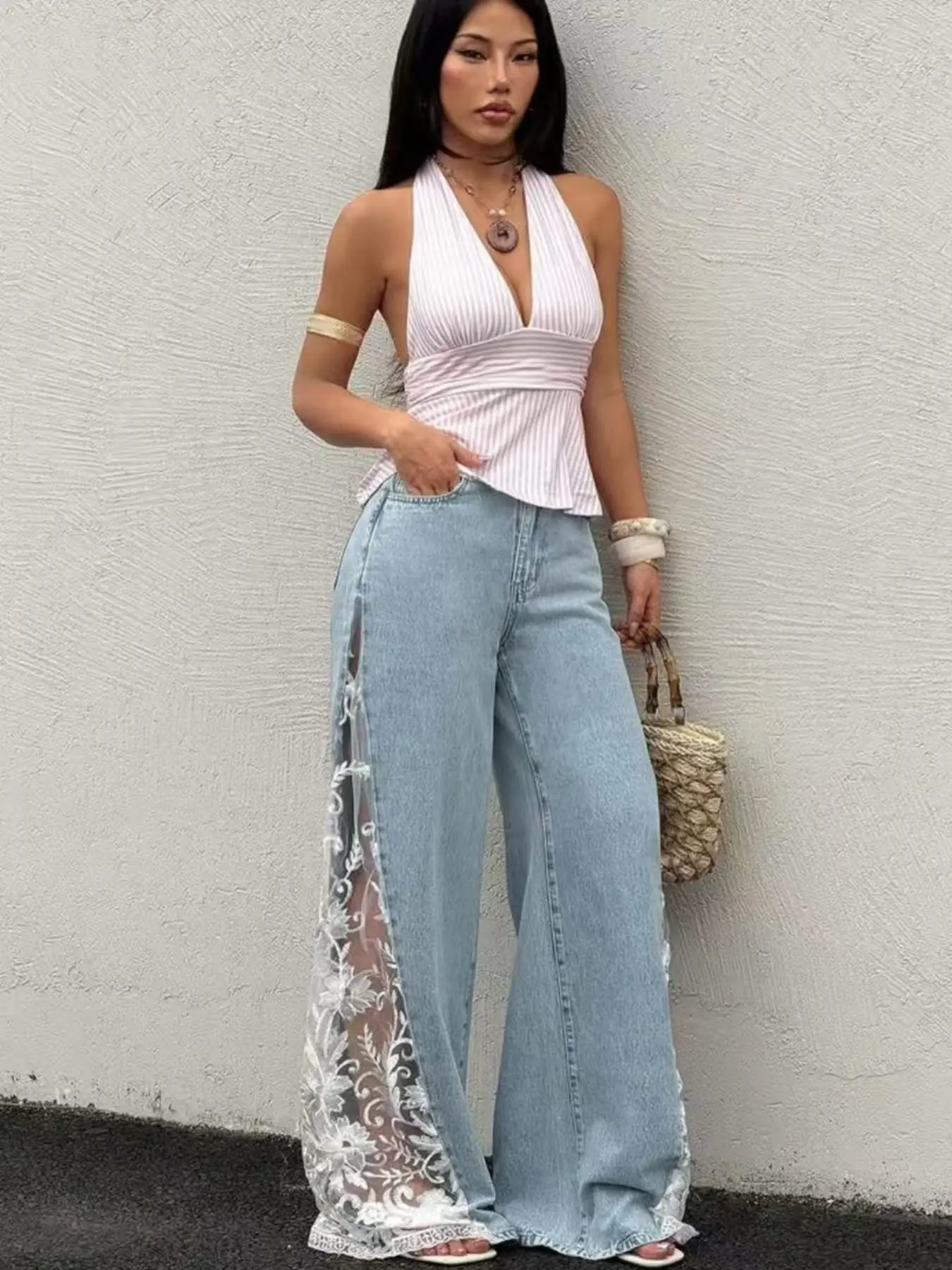 Women's Elastic Denim Jeans D8785, Colorblock Lace Trim Wide Leg Pants Trouser, Cross-Border Export Fashion, Perfect for Everyday Wear