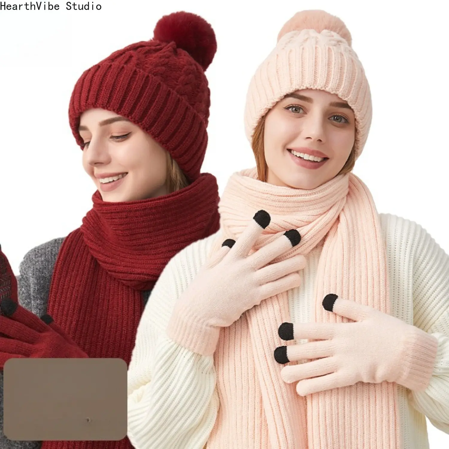 Women's Unisex Wear 3-in-1 Winter Cable Knit Hat-Scarf-Gloves Set, Thick Beanie with Faux Fur Pom Pom, Classic Long Scarf Set, Sensitive Touchscreen Texting Gloves (Sports & Outdoor Accessory)