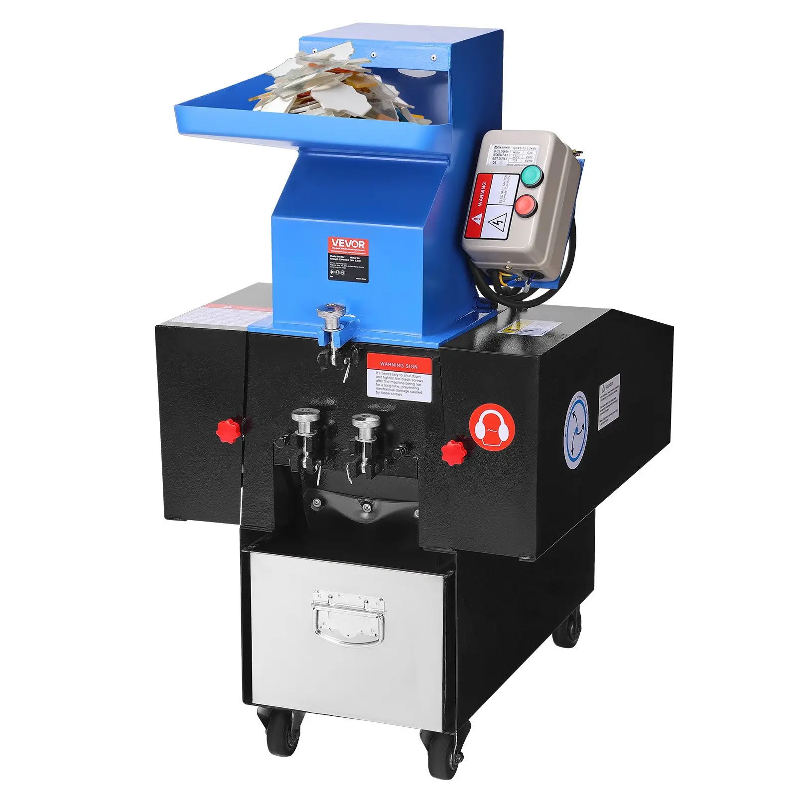 【DealsForYouDays】VEVOR Plastic Shredder Crusher, 3HP/2.2KW Plastic Grinder Granulator, 100-150kg/h Capacity Pulverizer Recycling Machine with Wheels, SDK-11 Blade 6mm Mesh for PVC ABS PTFE (220V 60Hz 3-Phase)