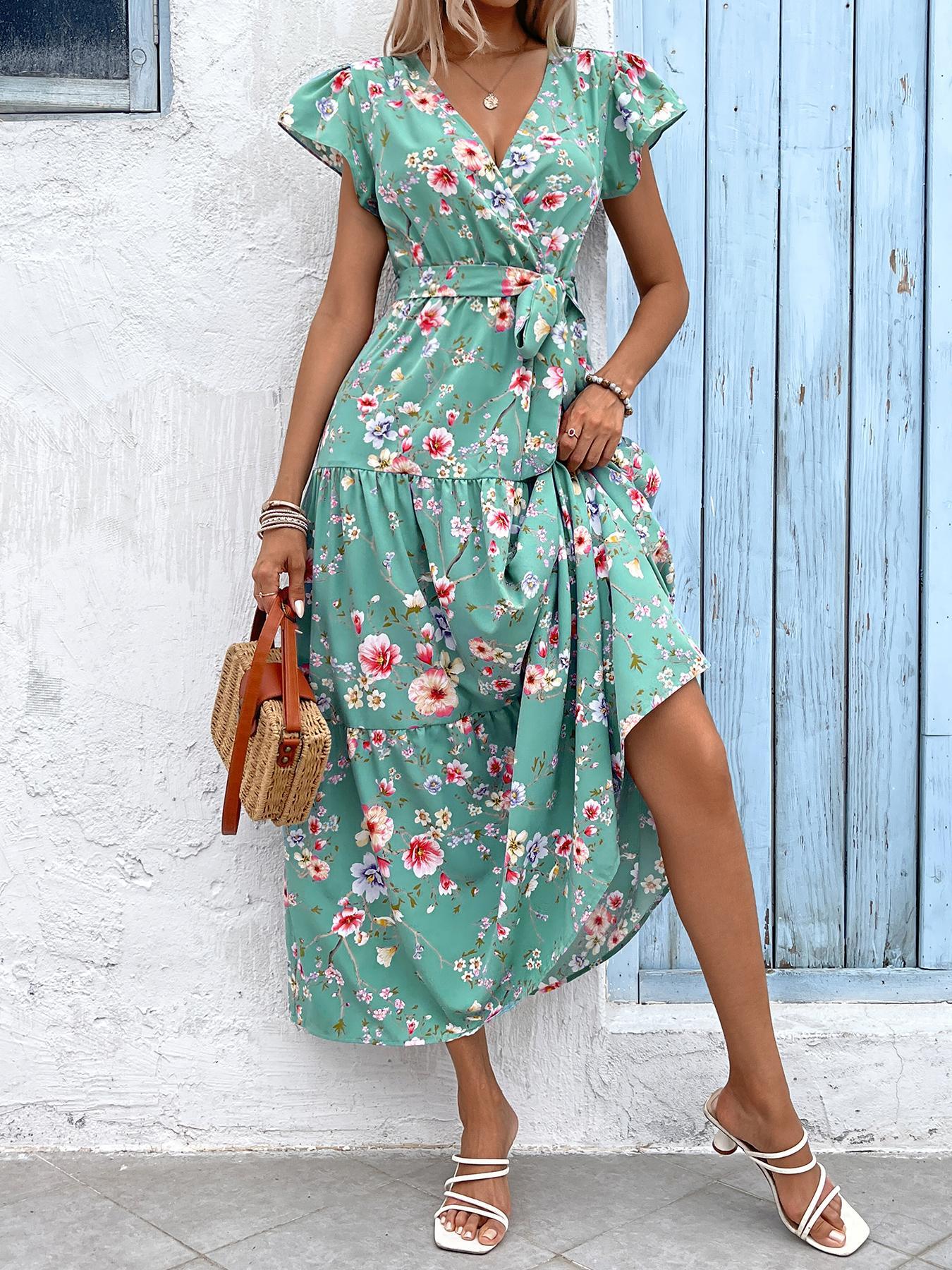 YOZY Floral Print Butterfly Sleeve Dress, Boho Fashion Wrap V Neck Cap Sleeve Belted Tiered Ruffle Long A Line Dress, 2024 Women's Beach Holiday Vacation Wear for Spring & Summer
