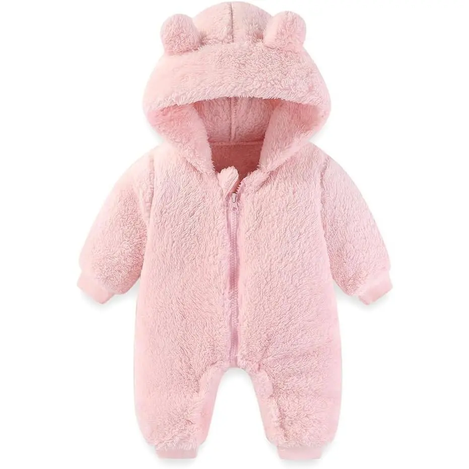 Unisex Newborn Fleece Suit - 1-Piece Romper Hooded Winter Snowsuit, Safe Materials Soft Smocked Classic Bodysuit, Affordable Cute Infant Baby Outfit (Pink), One-Piece Romper