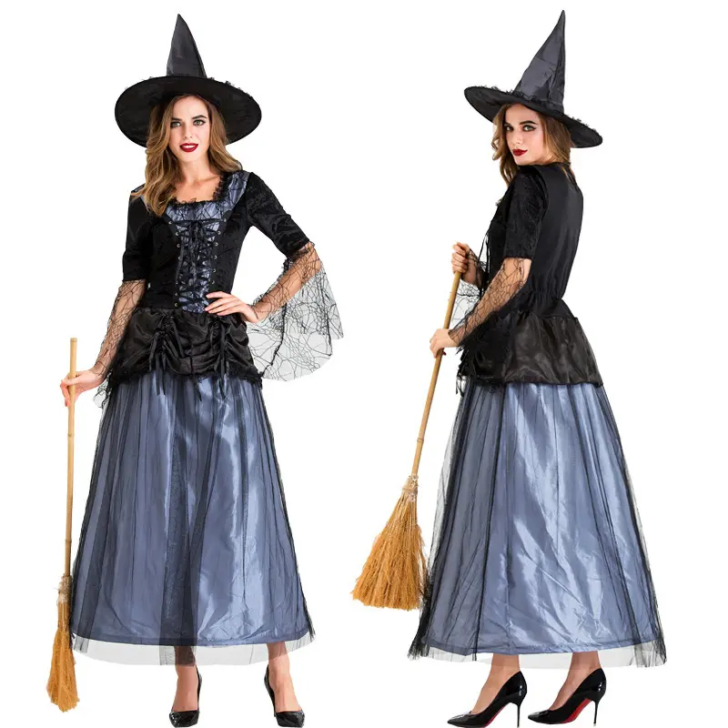 Women Witch Halloween Cosplay Outfit, Lace Mesh Long Dress With Hat For Halloween Party (Broom Not Included)