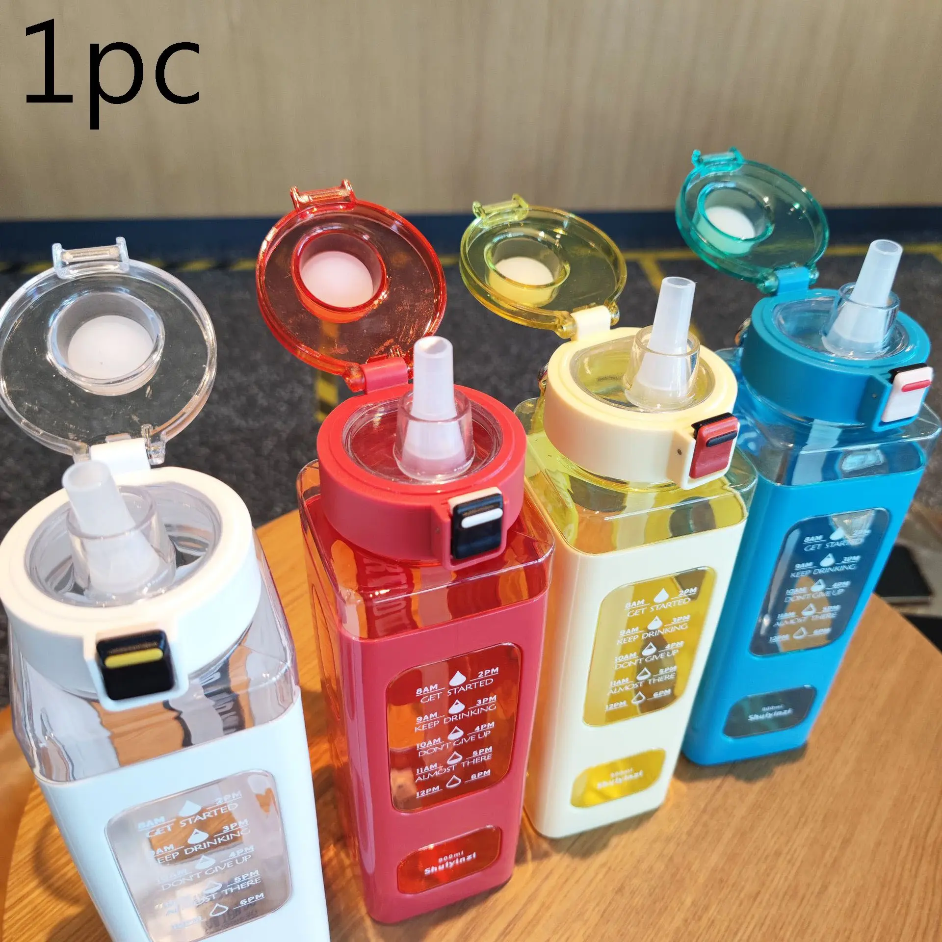 700/900ML Time Marked Square Water Bottle, Leak-Proof Flip Lid Sports Drink Cup, Ideal for Outdoor Camping, Fitness, and More