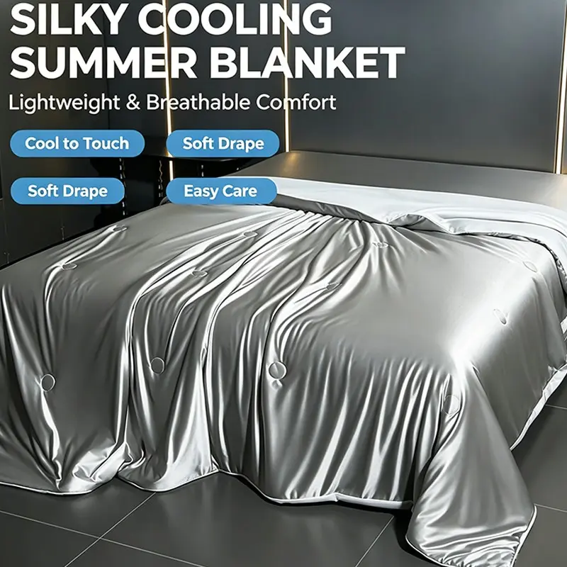 Luxury Satin Cooling Breathable Bed Blanket for Hot Sleepers, Ultra Cold Touch Lightweight Summer Comforter, Ideal for Warm Weather Relief