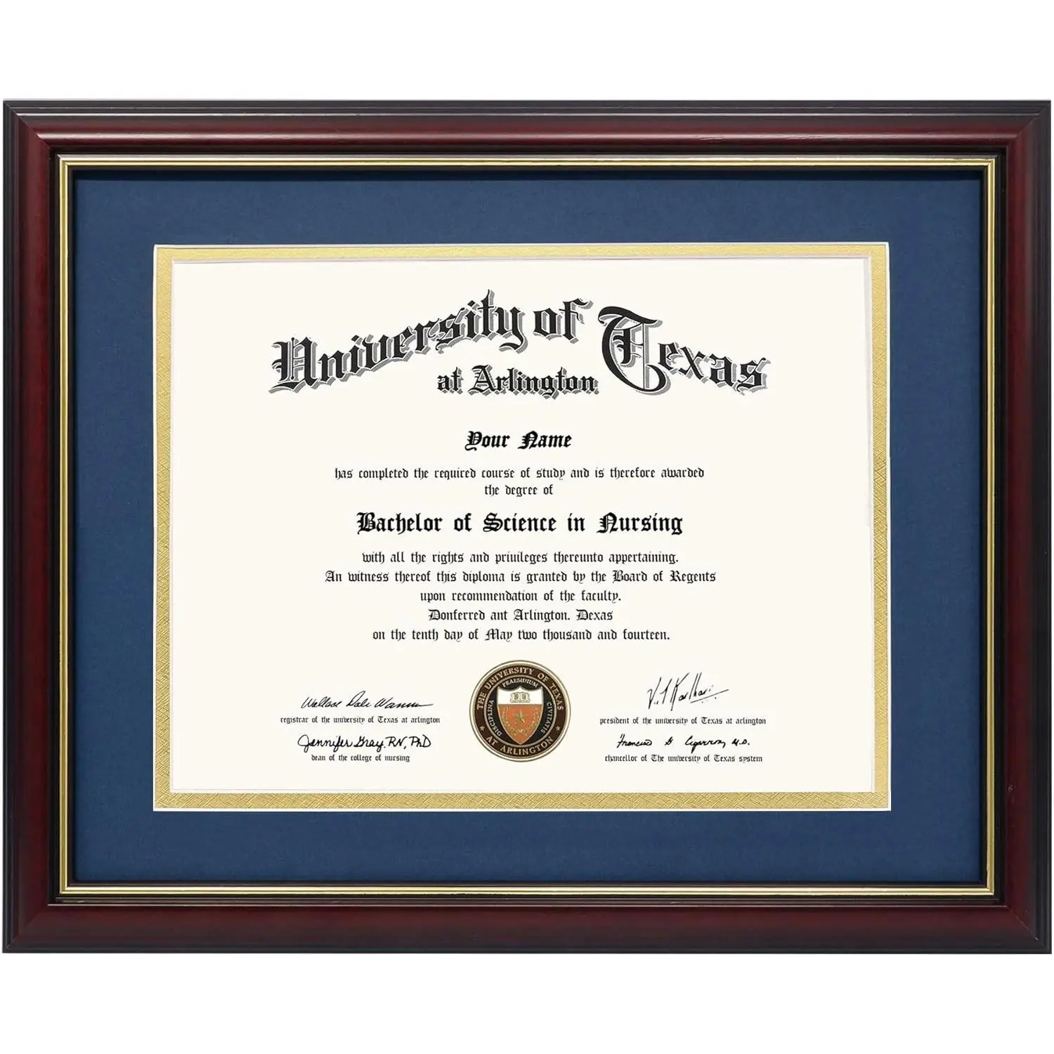 Solid Wood Diploma Frame for 8.5x11 with Navy over Gold Mat or 11x14 Certificate without Mat, UV Protection Acrylic, Cherry Finish with Gold TrimGift