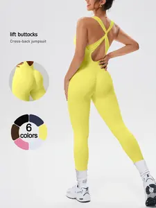 Women's Sporty Activewear Jumpsuit Cross-Strap Back Support, Seamless Ribbed High Elasticity, Wear-Resistant, Removable Padding, Show off Curves