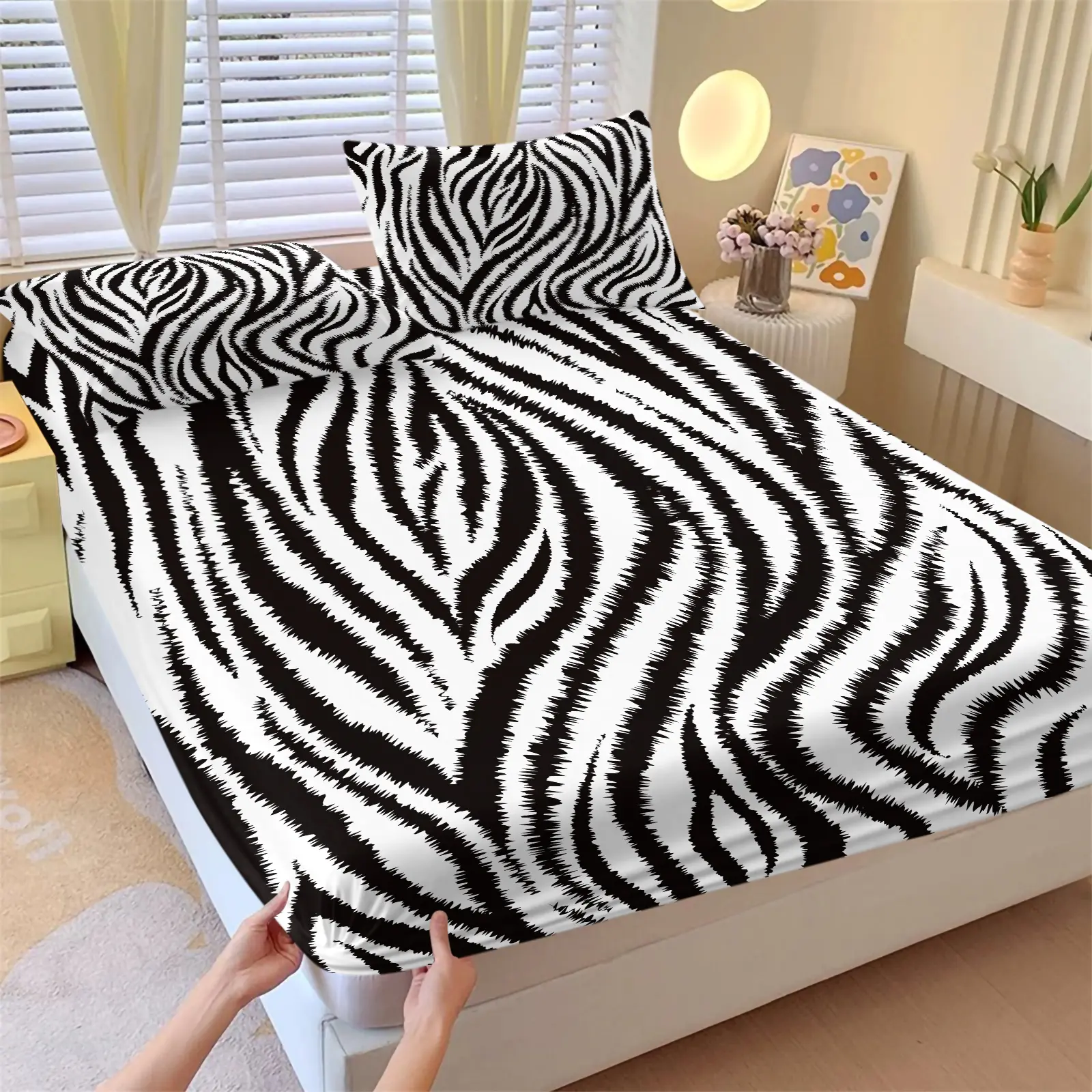 Classic Zebra Print Fitted Sheet Set, 1 Fitted Sheet & 2 Pillowcases, Bold Black‑White Full‑Coverage Zebra Stripe Print Bedding Set, Soft Elastic Deep Pocket Mattress Cover, Edgy Y2K Room Decor For Apartment & Dorm, Home Bedding Set