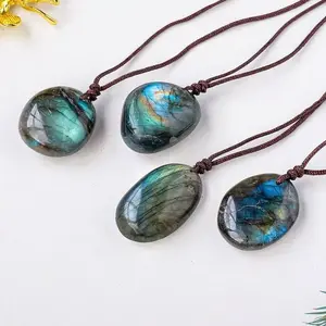 Natural crystal blue light labradorite raw stone pendant, polished irregular moonstone necklace jewelry wholesale