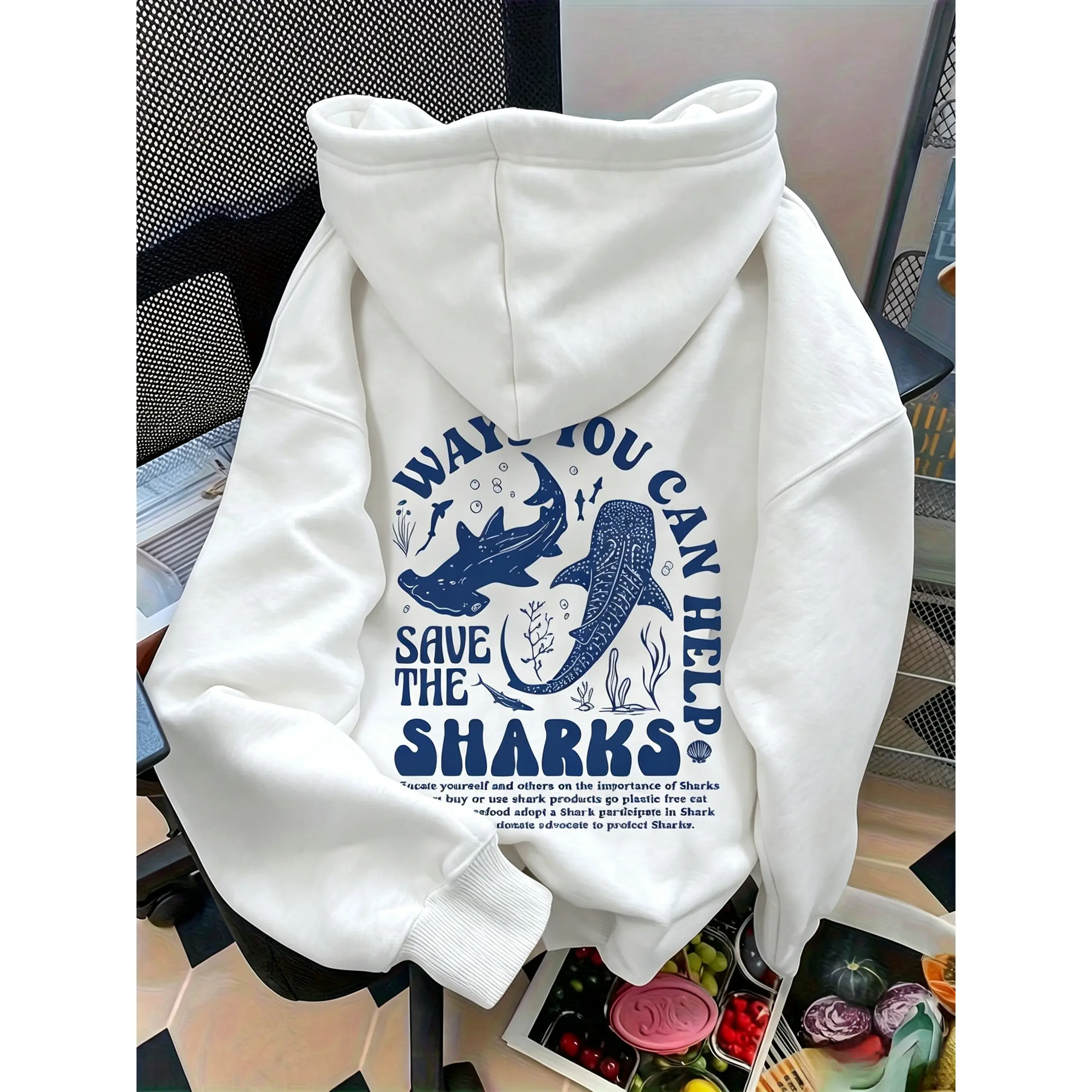 Graphic-Print Hooded Sweatshirt for Autumn And Winter, Women'S Clothing,Save The Sharks Ocean Conservation Hoodie Double Sided Marine Life Sweatshirt