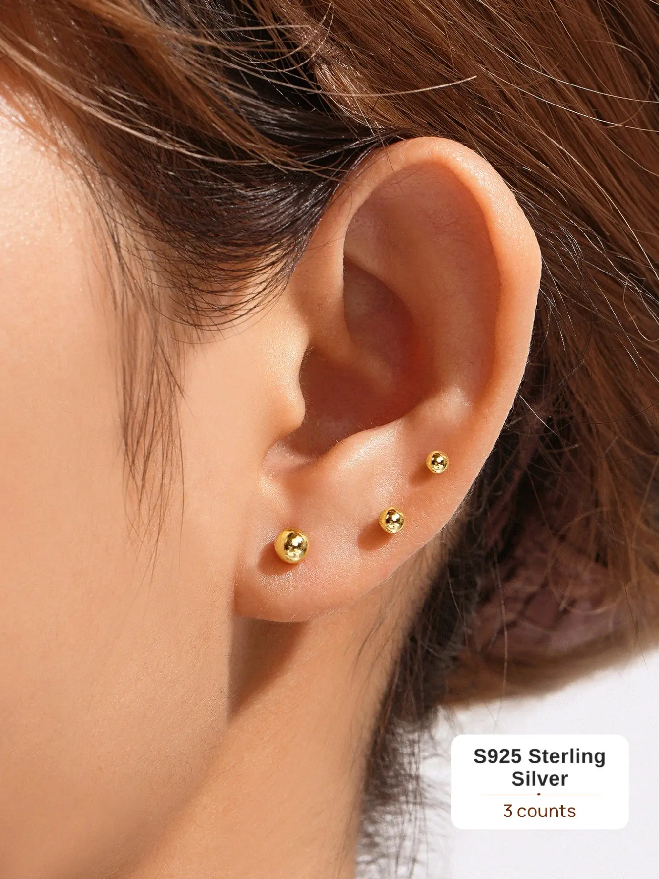 3Pcs S925 Sterling Silver Gold Plated Round Bead Earring Set, Minimalist Geometric Ball Stud Hoop Ear Stacking Set, Poke-Free Nap Safe Comfy Jewelry Trendy Gift for Her