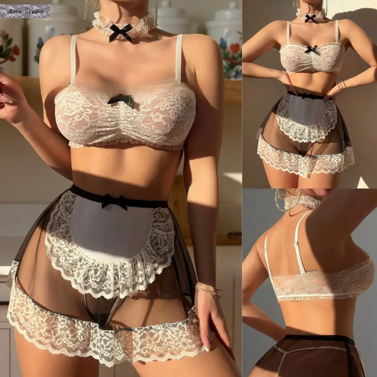 Women Sexy Maid Costume Lingerie Set Sheer Lace Cosplay Outfit, Hollow Out Strappy 2-Piece Sleepwear, Adjustable Babydoll Nightwear for Bedroom, Date Night & Valentine’s