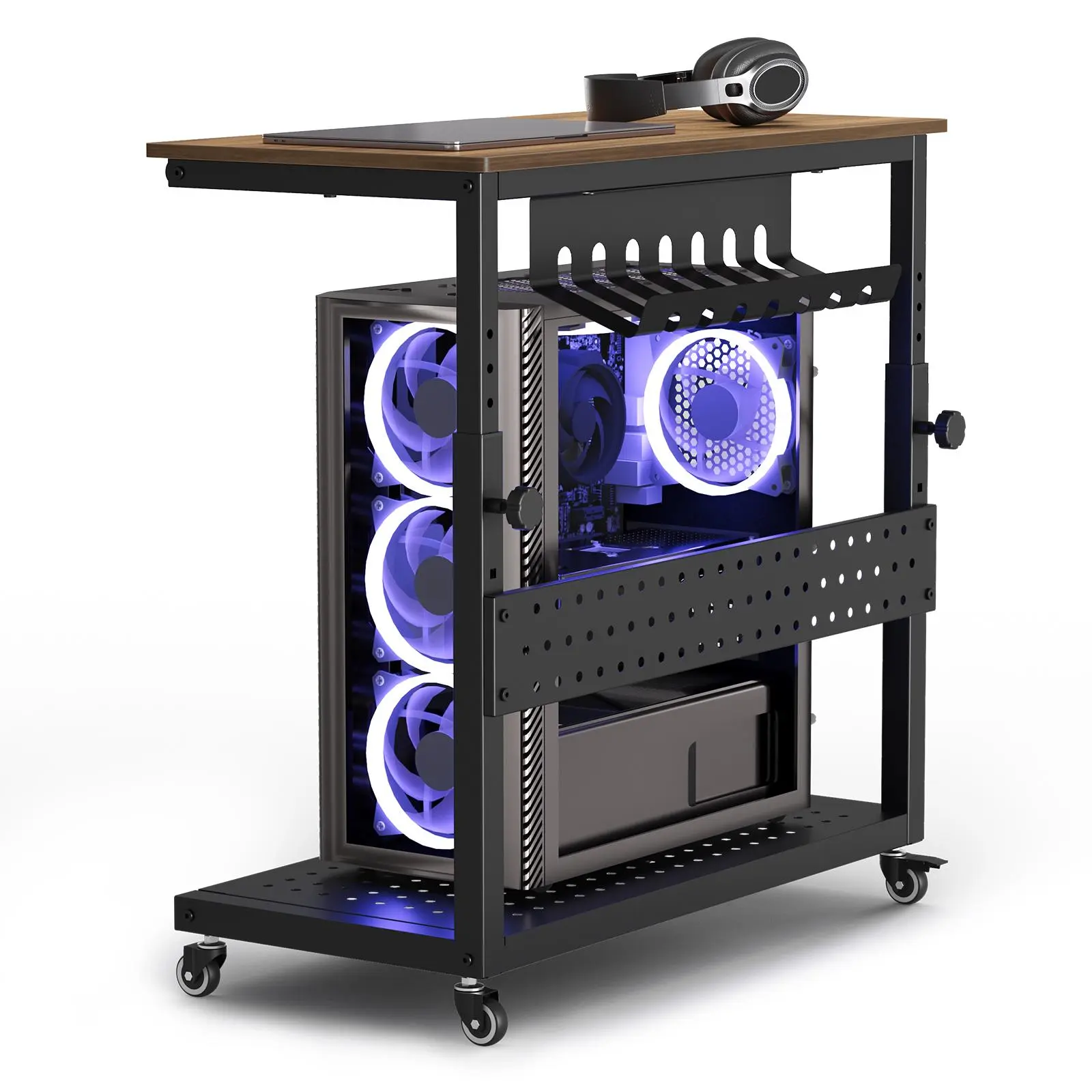Heavy Duty PC Tower Stand with Wheels 11 Level Height Adjustable CPU Stand Under Desk 2 Tier Mobile Computer Tower Holder with Pegboard Cable Management Heavy Duty Printer Stand Metal Rolling Cart for ATX Gaming Case Home Office Black