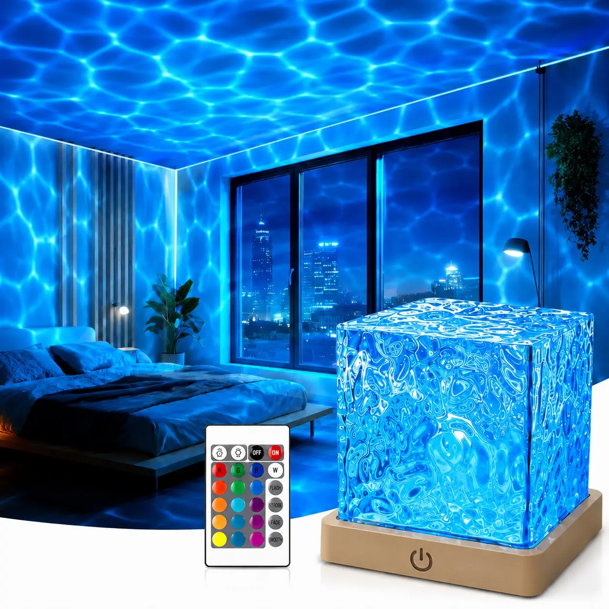 16 Colors Ocean Wave Water Ripple Projector Lamp, LED Night Light USB Powered Dimmable Atmosphere Table Lamp with Remote Control, Rotating Ripple Light for Bedroom Decor, Party, Holiday & Gift Idea, Led Mood Lighting, Led Ambient Lighting