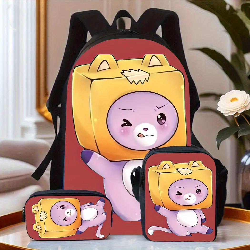 LankyBox Square Box Head Purple Cat Red Background Three-Piece School Bag Set includes a backpack, insulated lunch bag, and stationery storage bag for daily use by teenagers
