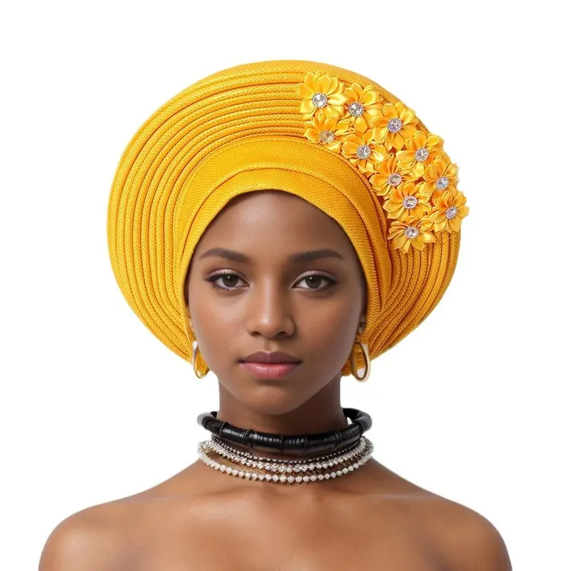 Women's Pre-Tied Layered Turban, Solid Head Wrap Hat with Heavy Rhinestone Applique for Nigerian Wedding Party, Turban Shape, Adjustable Size, Female, Ethnic, Pre-Tied Wrap, Turban Form
