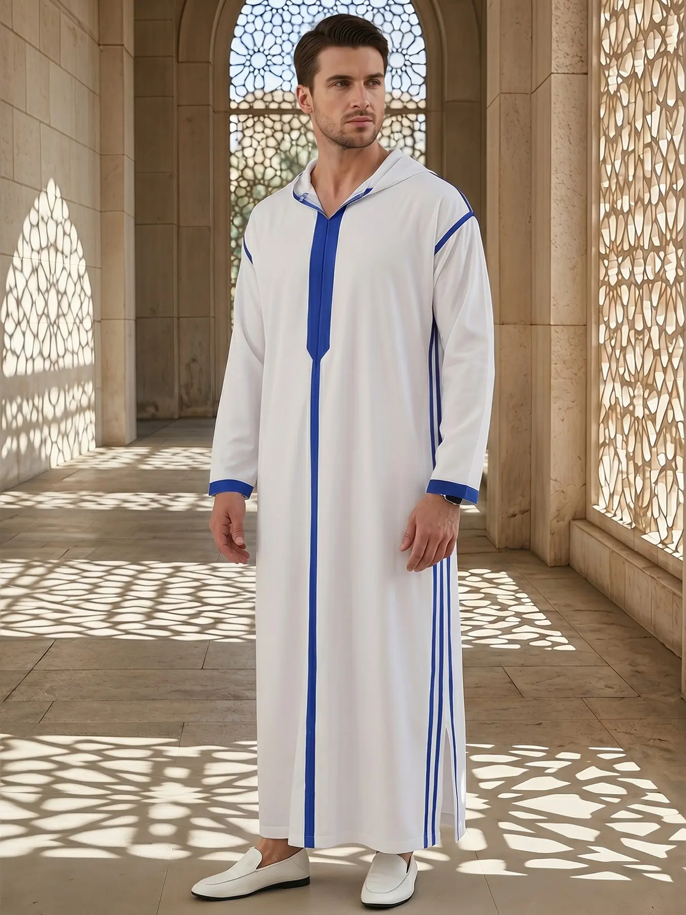 Muslim Men's Long Robe, Moroccan Style Striped Hooded Islamic Clothing, Moroccan Thobe, Modest Muslim Thobe, All Season Wedding Prayer Robe, Gift for Festivals, Loose Fit Jubba