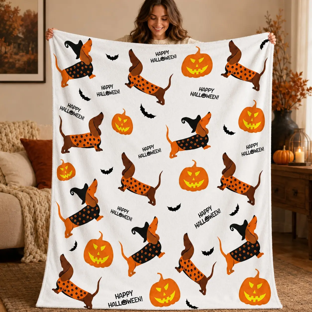 1pc Halloween Dachshund Pumpkin Bat All Over Print Fleece Blanket, White Base Witch Hat Spotted Sausage Dog Pumpkin Bat Halloween Slogan Repeat Pattern, Cute Fun Fall Halloween Vibe Style, Multiple Styles Available. Soft Warm Cozy Nap Throw, Multi-use for