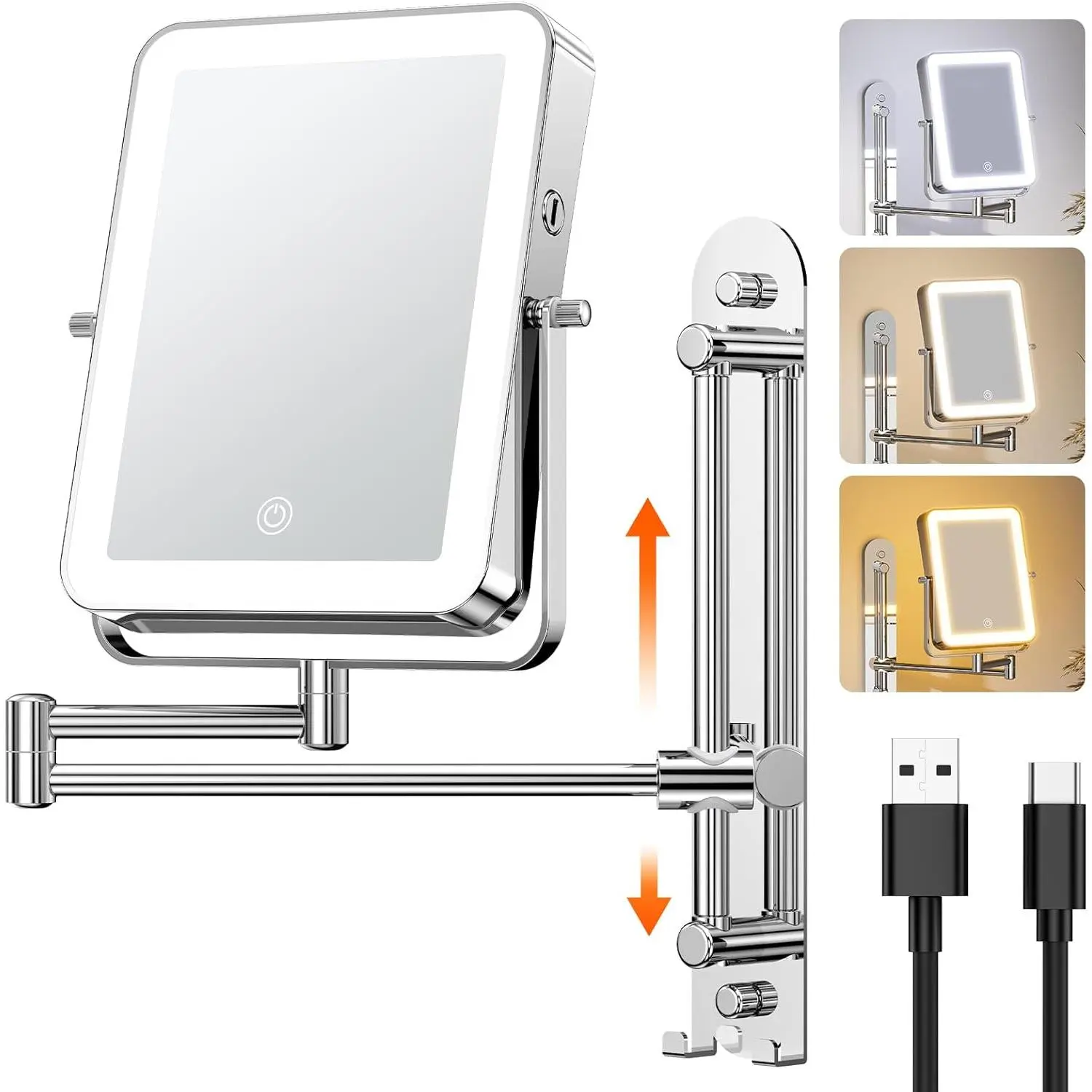 Rectangle Wireless Vanity Makeup Mirror - Wall-Mounted, Height-Adjustable with Hooks, 3000mAh Rechargeable, 1X/10X Magnification, 3 Light Colors, Stepless Dimming for Bathroom