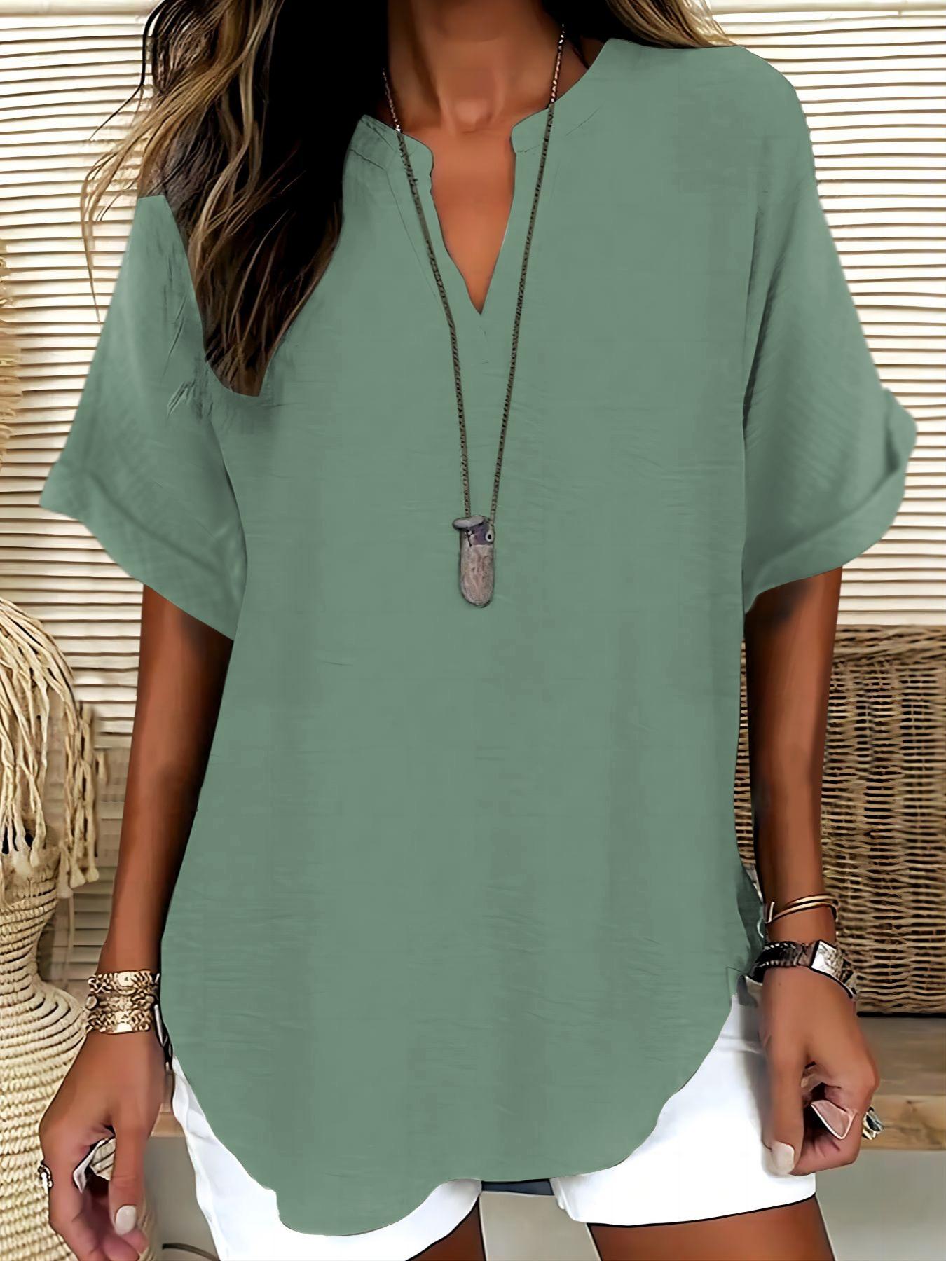 Elegant Polyester V Neck Loose Fit Short Sleeve Blouse Shirt for Women, 100% Polyester, Regular Length, 145g/m², Casual Weekend Top Womenswear Elegant Polyester V Neck Loose Fit Short Sleeve Blouse Shirt for Women, 100% Polyester, Regular Length, 145g/m², Casual Weekend Top Womenswear