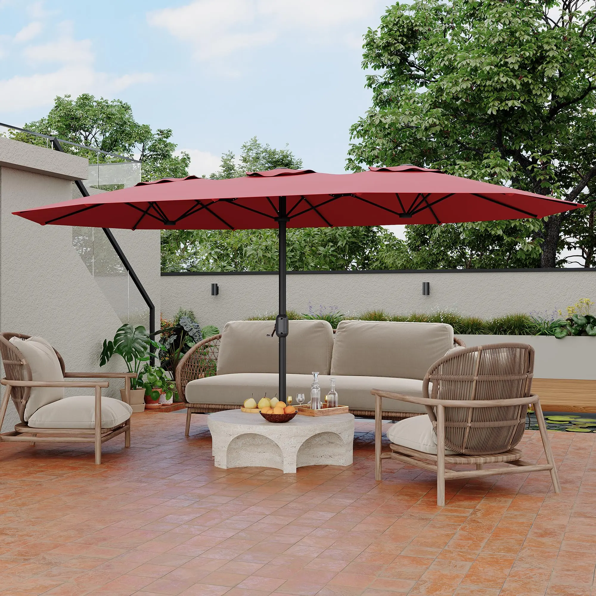 15FT Rectangular Double Sided Patio Umbrella with Base, Extra Large Outdoor Shade, Heavy Duty Steel Ribs, Windproof and UV Resistant, Built-in Crank System for Poolside, Lawn and Backyard