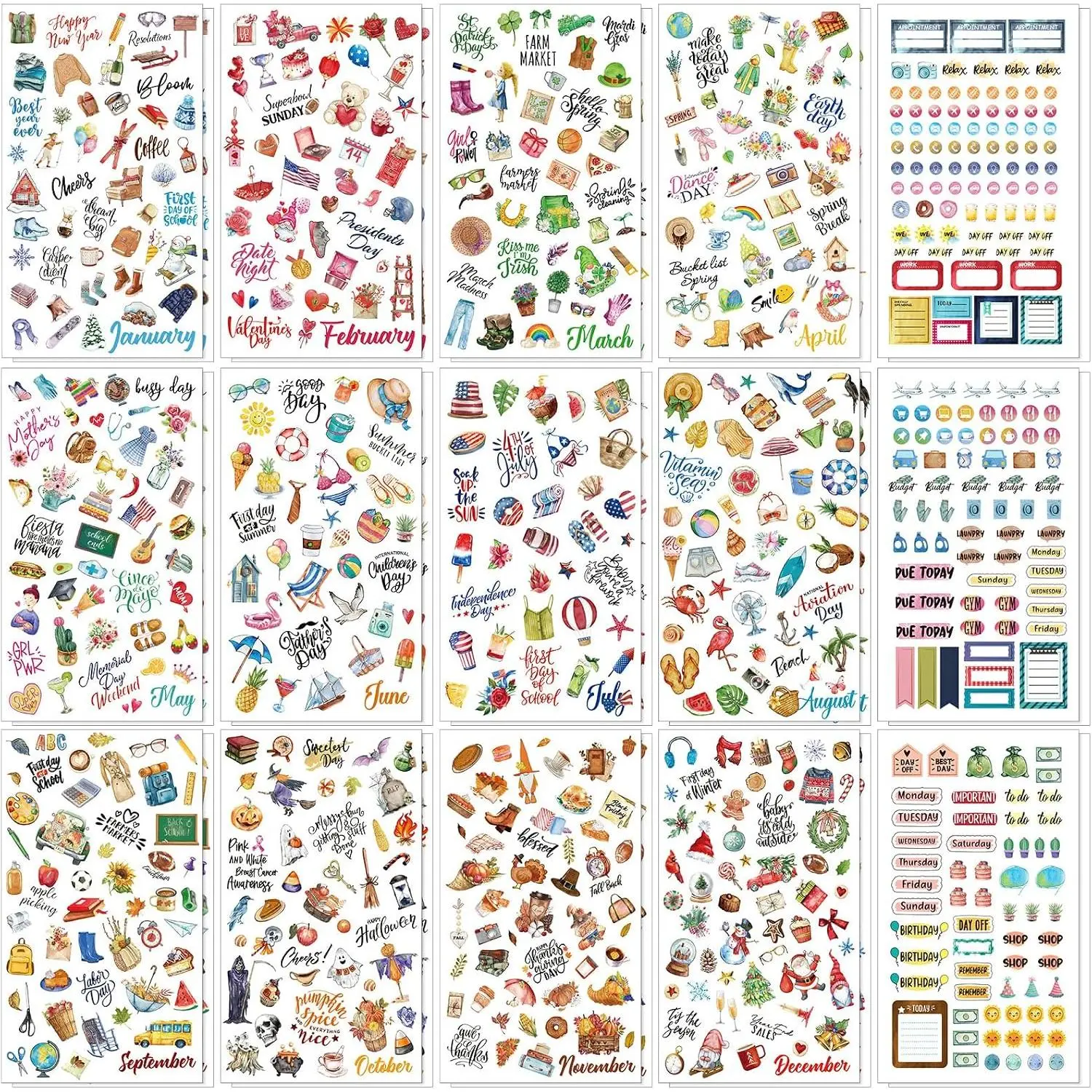 Self-Adhesive Monthly Planner Stickers - 30 Sheets, 15 Styles, 1500+ Pieces, Seasonal & Holiday Designs, Paper Planner Accessories for Journaling, Scrapbook, Budget Tracking