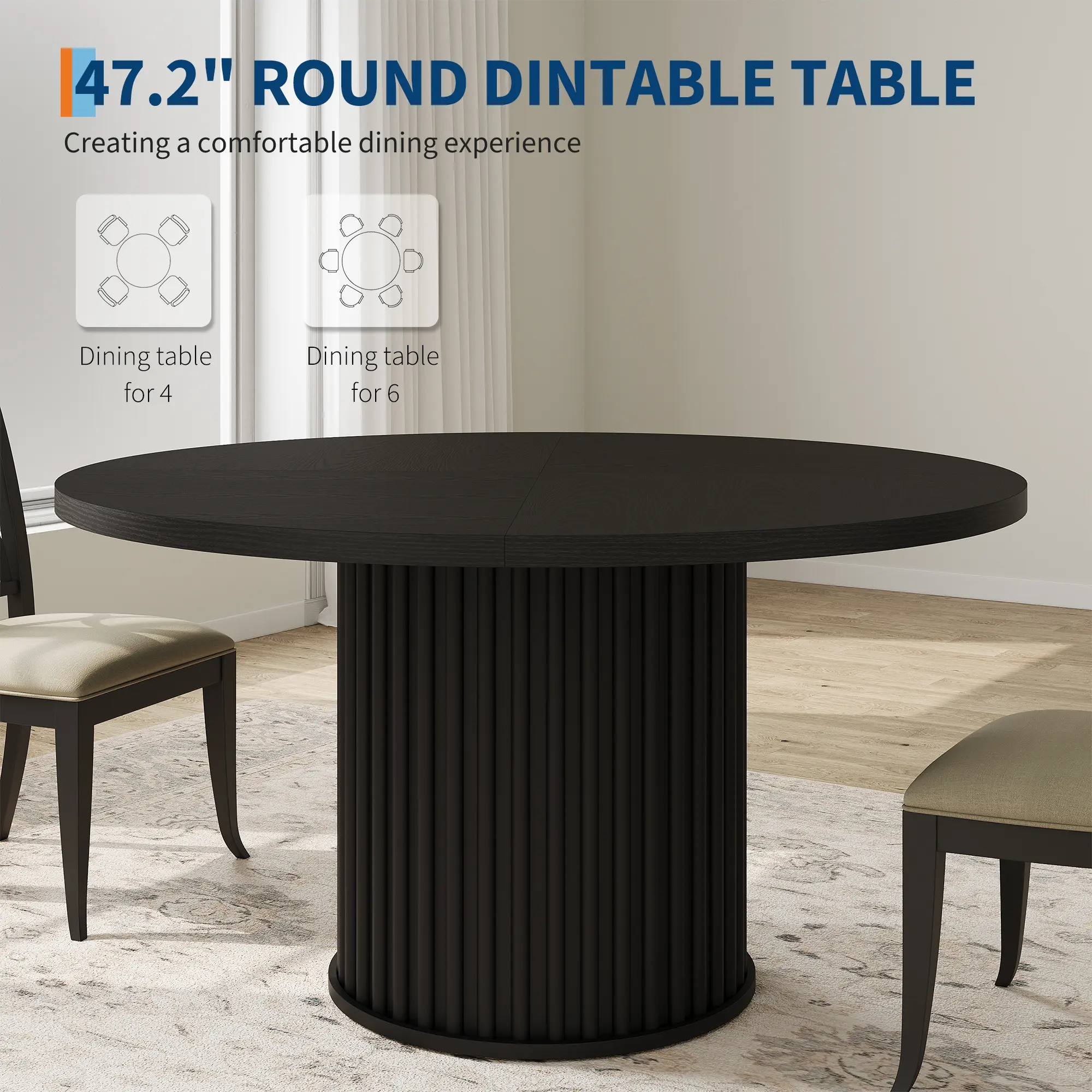 47Inch Round Dining Table for 4-6 People, Black Dining Room Table with Sturdy Waveform Pedestal Base, Industrial Circle Kitchen Table for Dining Room, Kitchen, Apartment