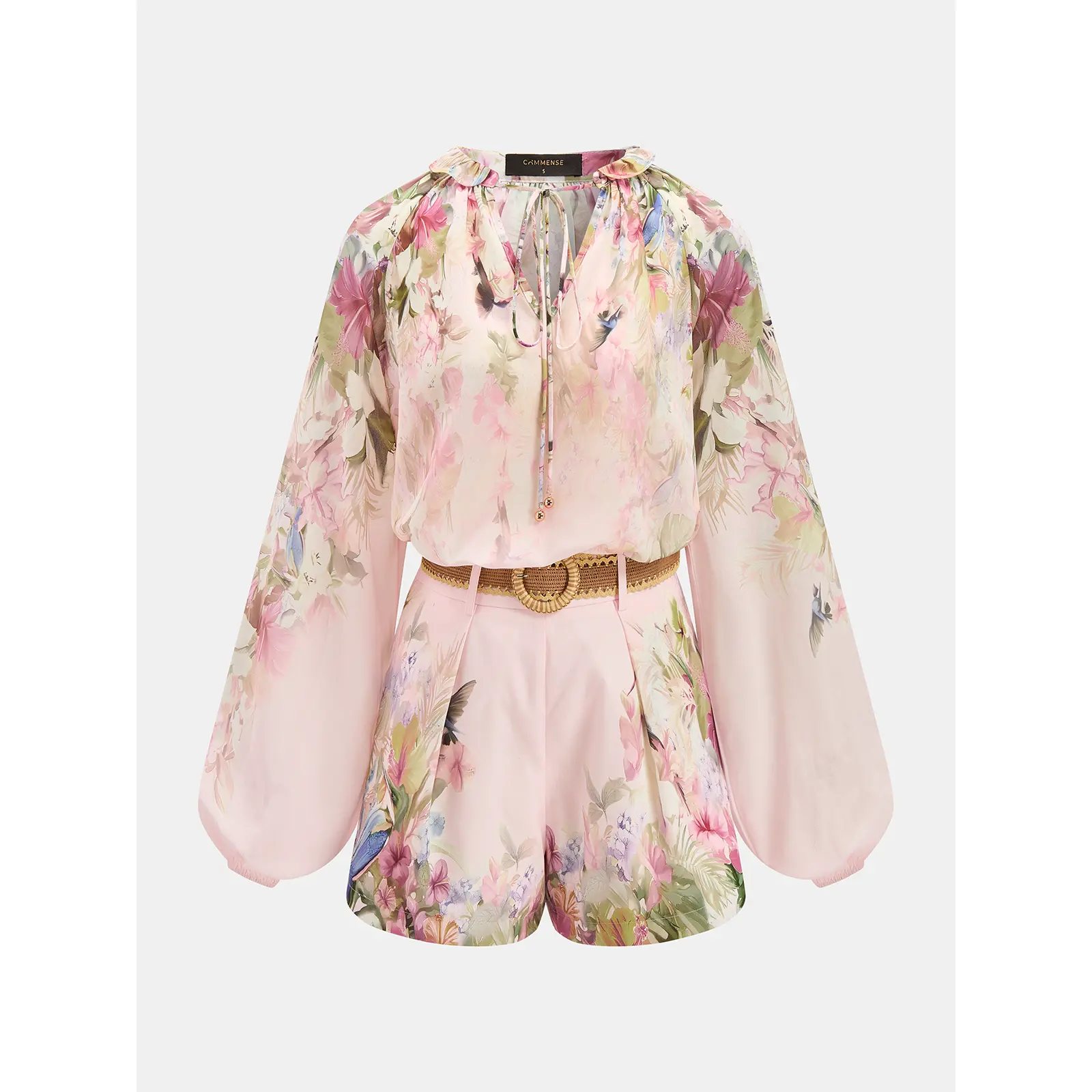 Women's Lady 2-Piece Clothes Set, Floral Print Blouse, Belted Shorts