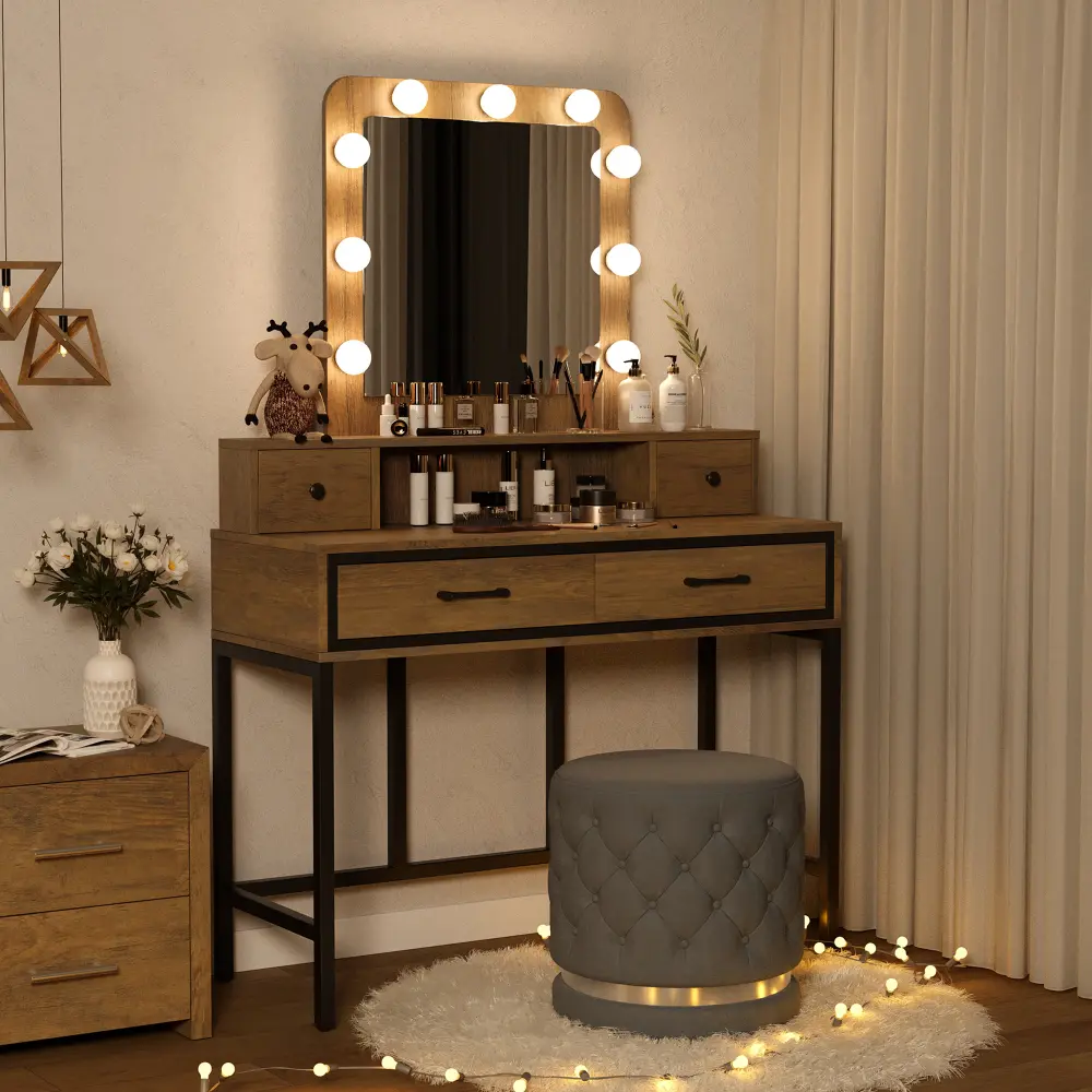Brown Hollywood Vanity Desk with 3-Color Dimmable LED Lighting Mirror, 4 Drawers, Large Desktop Beauty Station for Women’s Bedroom, Furniture Organizer