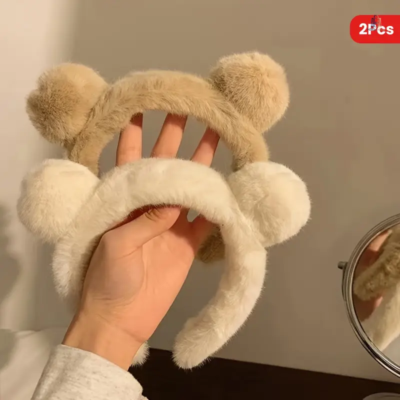 2Pcs Cute Plush Bear Ear Headband, Soft Fluffy Cartoon Hair Hoop, Lovely Decor Hair Accessories for Girls Daily Makeup Party Wear