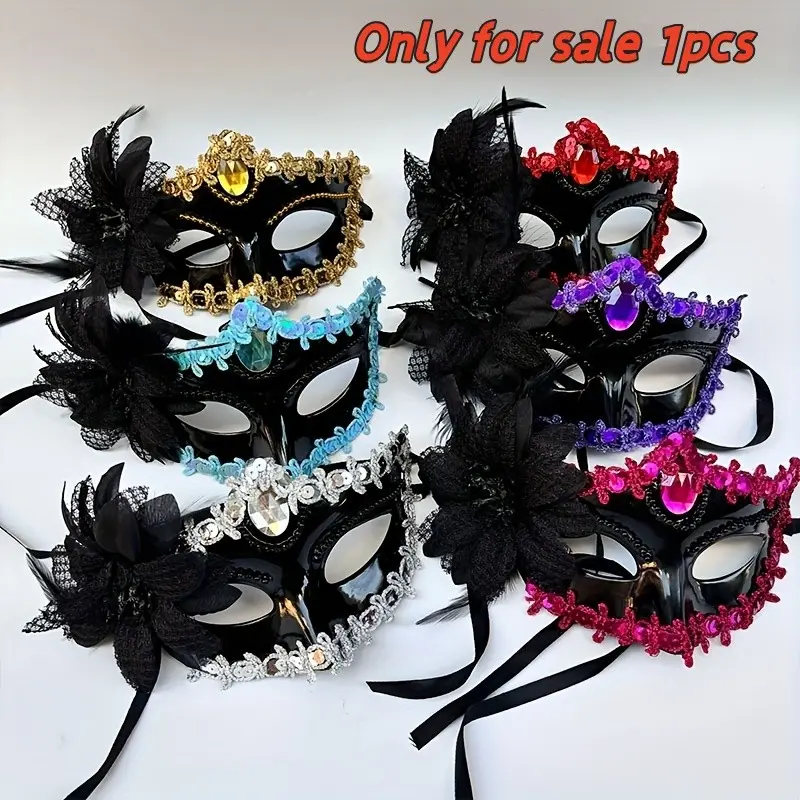 Sexy Venice Masquerade Mask, Elegant Feather and Gem Decorated Party Mask, Party Accessory, Halloween, Theme Dinner, Cosplay, Bright Color, Durable Design