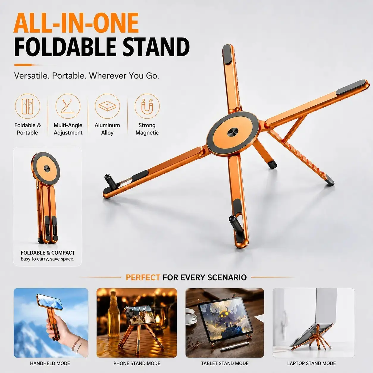 Adjustable Laptop Stand Compatible with Magsafe, Portable Foldable Computer Riser for Macbook, iPhone, iPad, Tablet, Lightweight Aluminum Alloy, Magnetic Design, Laptop Riser for Desk