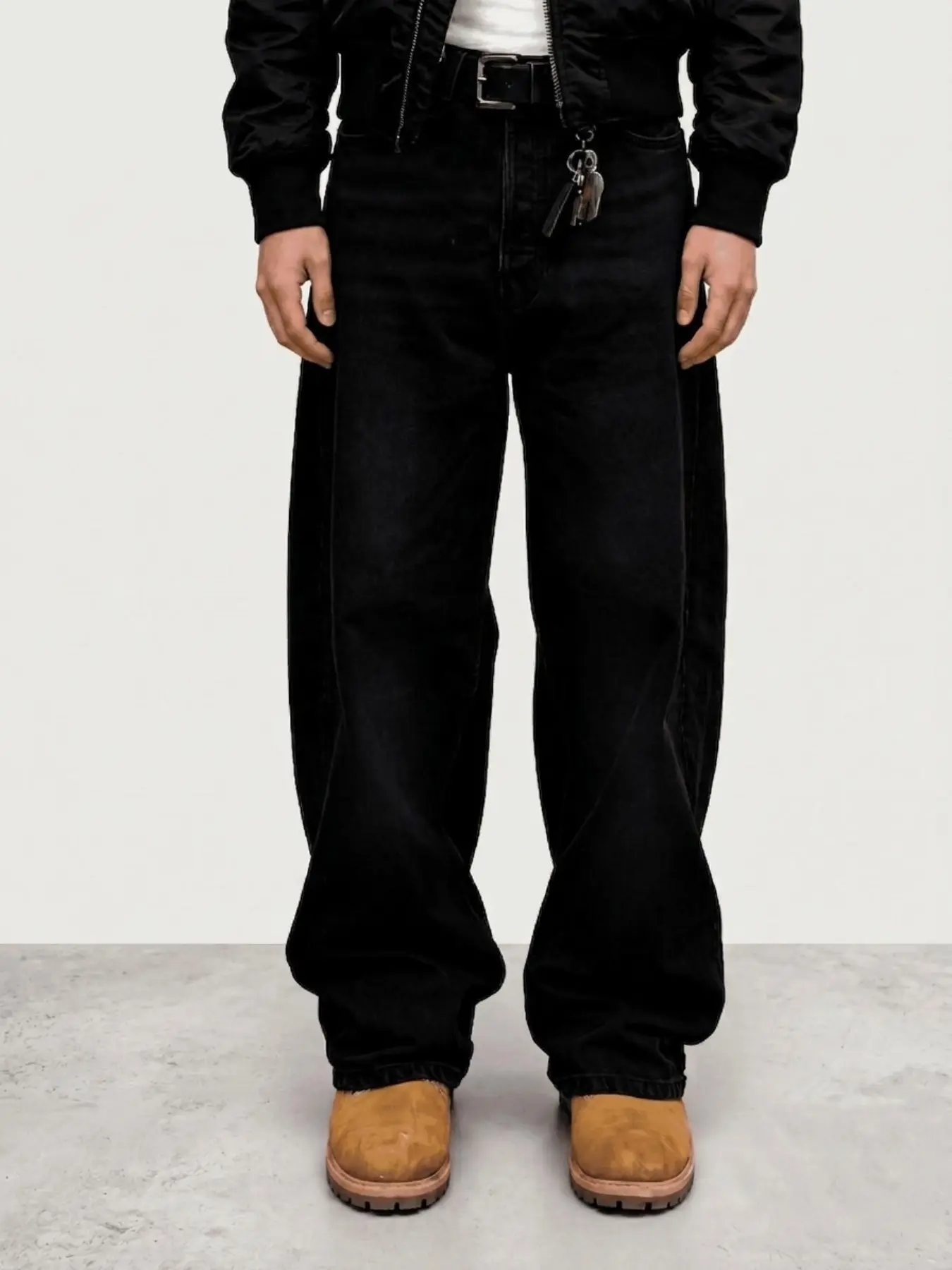 Men's Wide Leg High Street Jeans, Fashionable Drapey British Style Casual Denim Jeans, Loose-Fitting Zipper Fly Below the Knee