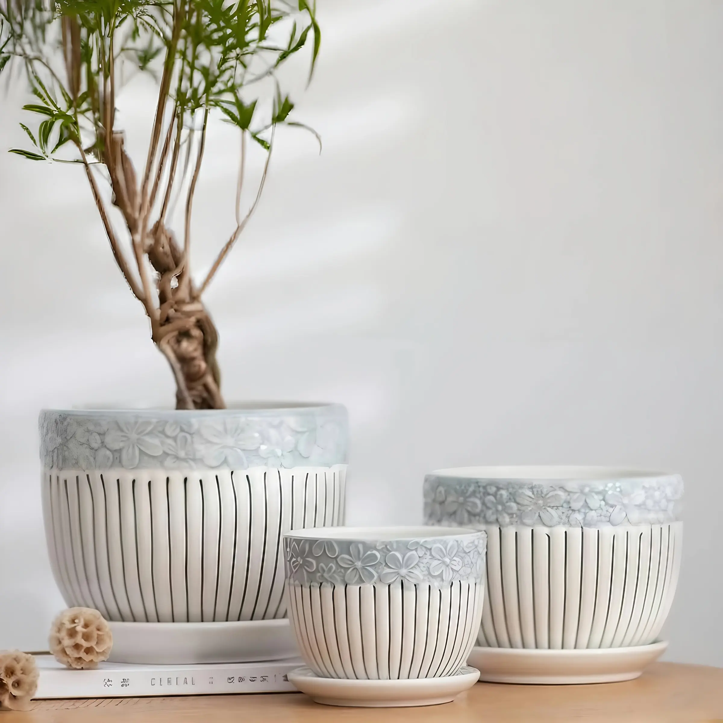 3 Piece Ceramic Flower Pot Set with Tray, Vintage Floral Relief Design, Indoor Outdoor Decorative Garden Pots, Home Decor Gardening Supplies